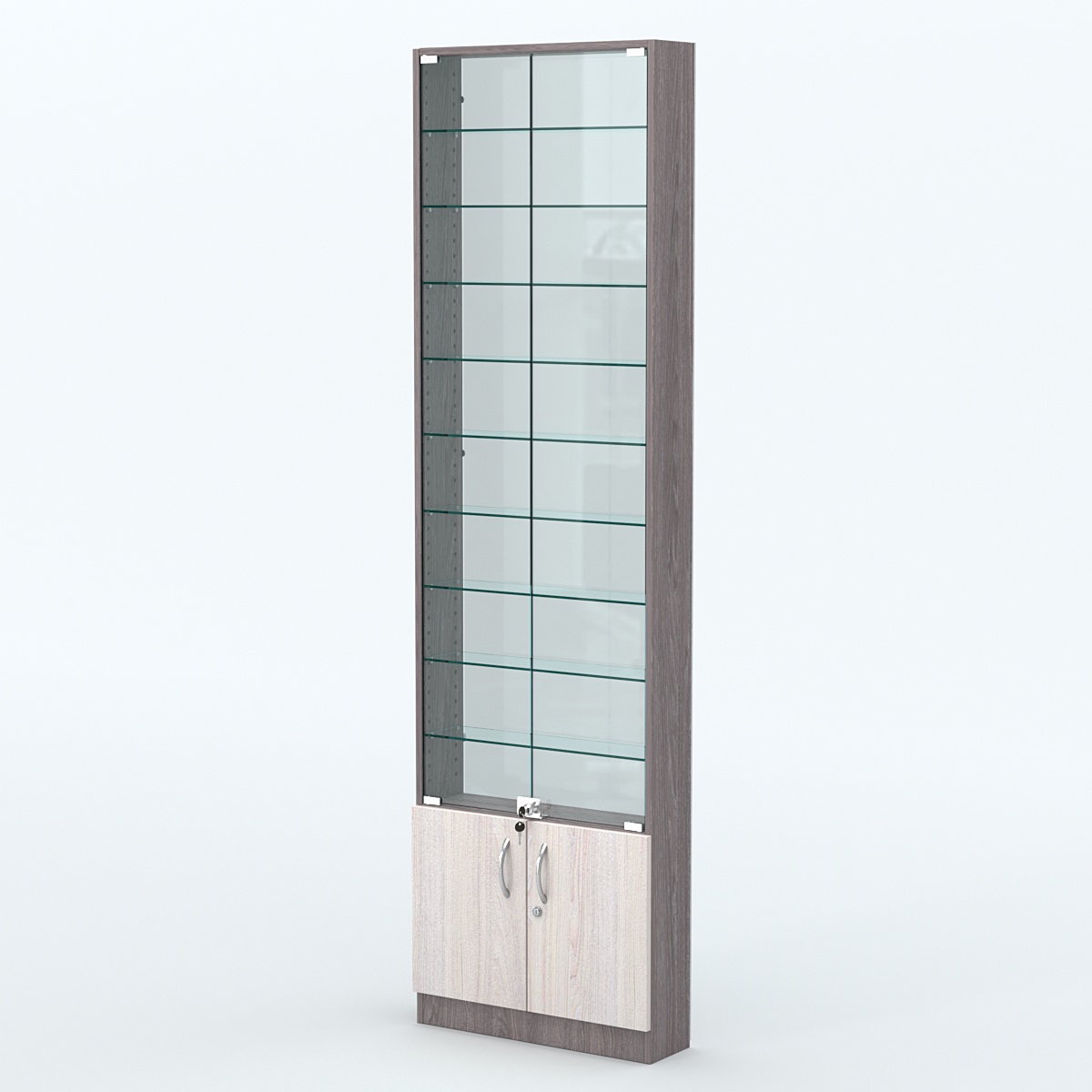 Торговая витрина с 9-ю стеклянными полками 150x600 мм серии NEXT-9 №2-1 (З/C - СТЕКЛО) Ясень Анкор темный + Ясень Анкор светлый