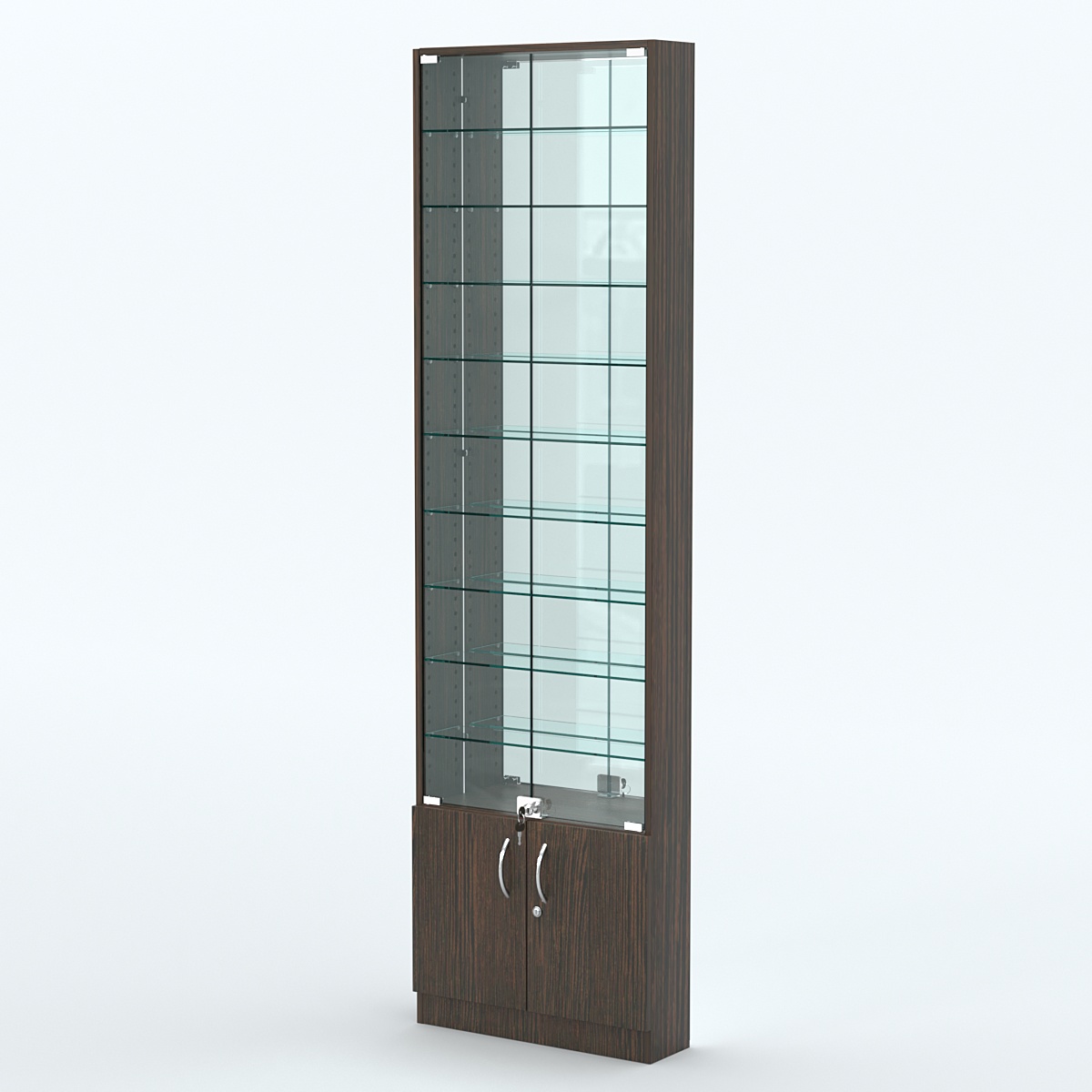 Торговая витрина с 9-ю стеклянными полками 150x600 мм серии NEXT-9 №2-2 (З/C - ЗЕРКАЛО) Дуб Венге