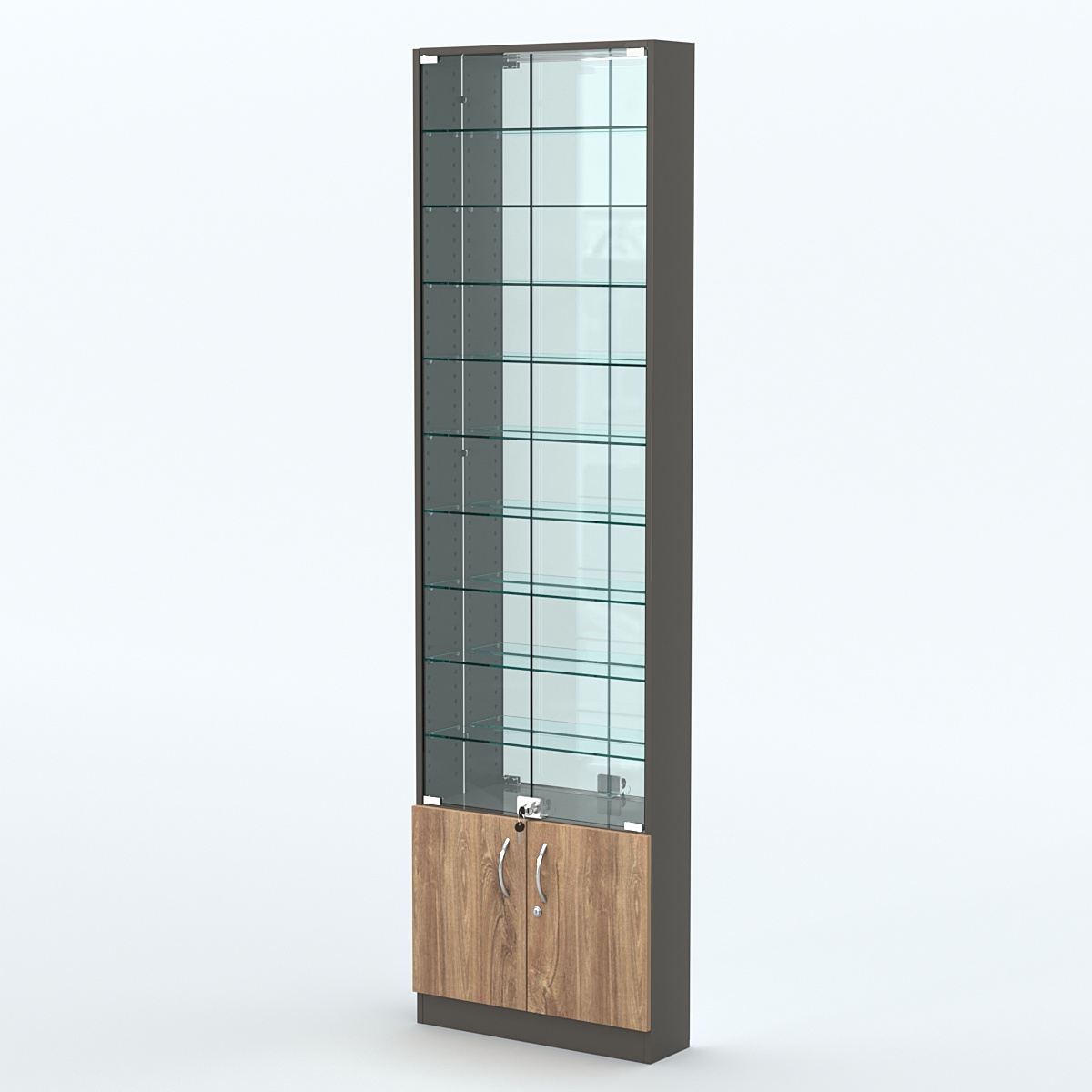 Торговая витрина с 9-ю стеклянными полками 150x600 мм серии NEXT-9 №2-2 (З/C - ЗЕРКАЛО) Черный + Дуб Канзас Коричневый