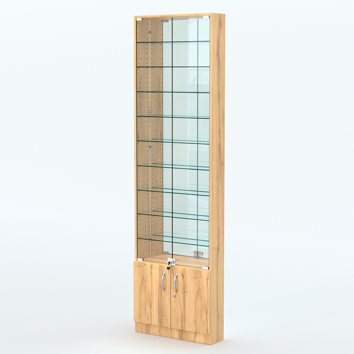 Торговая витрина с 9-ю стеклянными полками 150x600 мм серии NEXT-9 №2-2 (З/C - ЗЕРКАЛО) Дуб Золотистый
