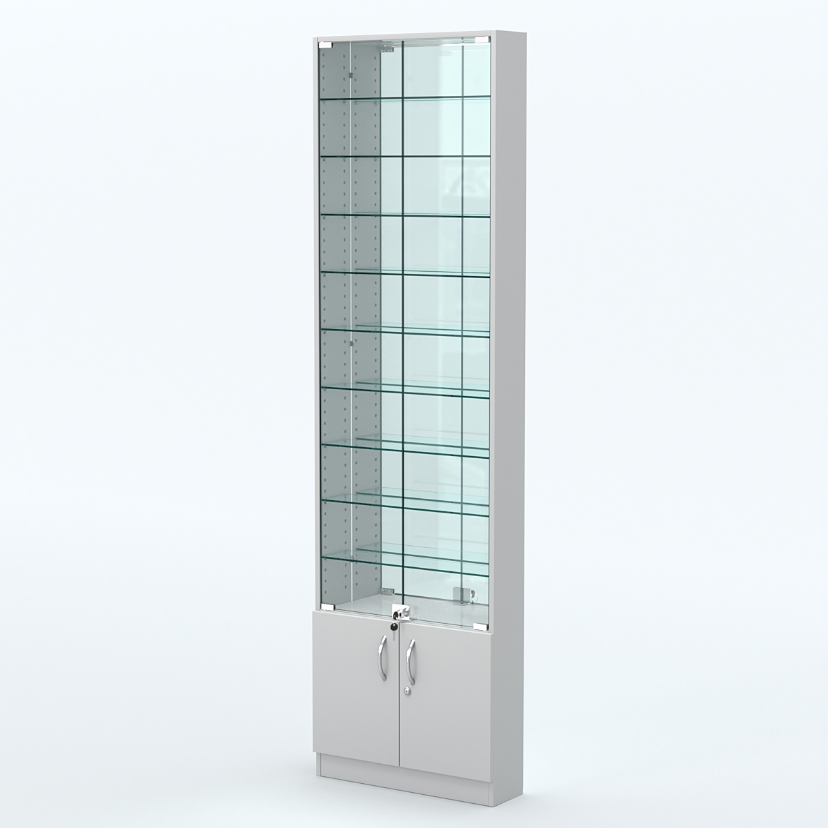 Торговая витрина с 9-ю стеклянными полками 150x600 мм серии NEXT-9 №2-2 (З/C - ЗЕРКАЛО) Серый