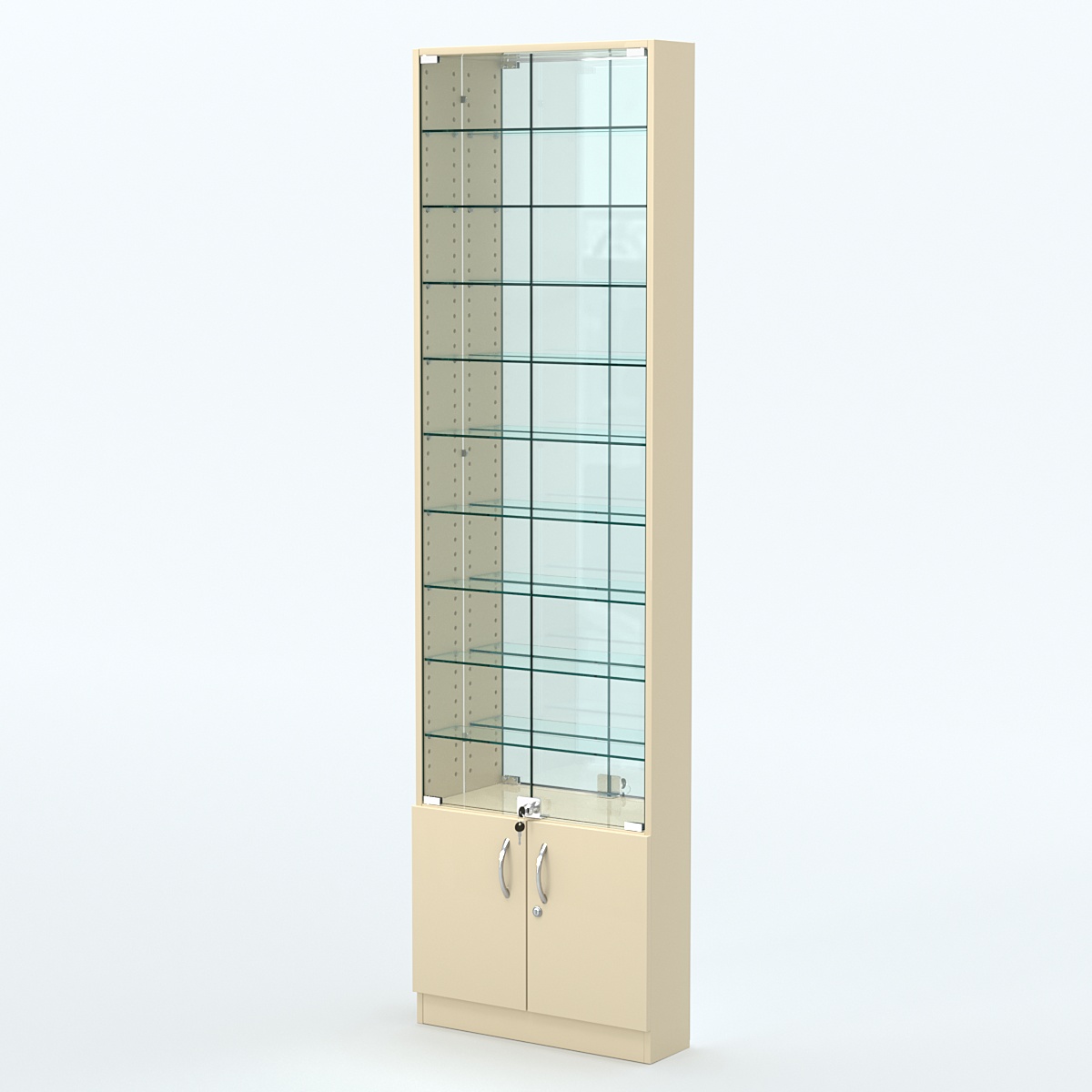 Торговая витрина с 9-ю стеклянными полками 150x600 мм серии NEXT-9 №2-2 (З/C - ЗЕРКАЛО) Крем Вайс
