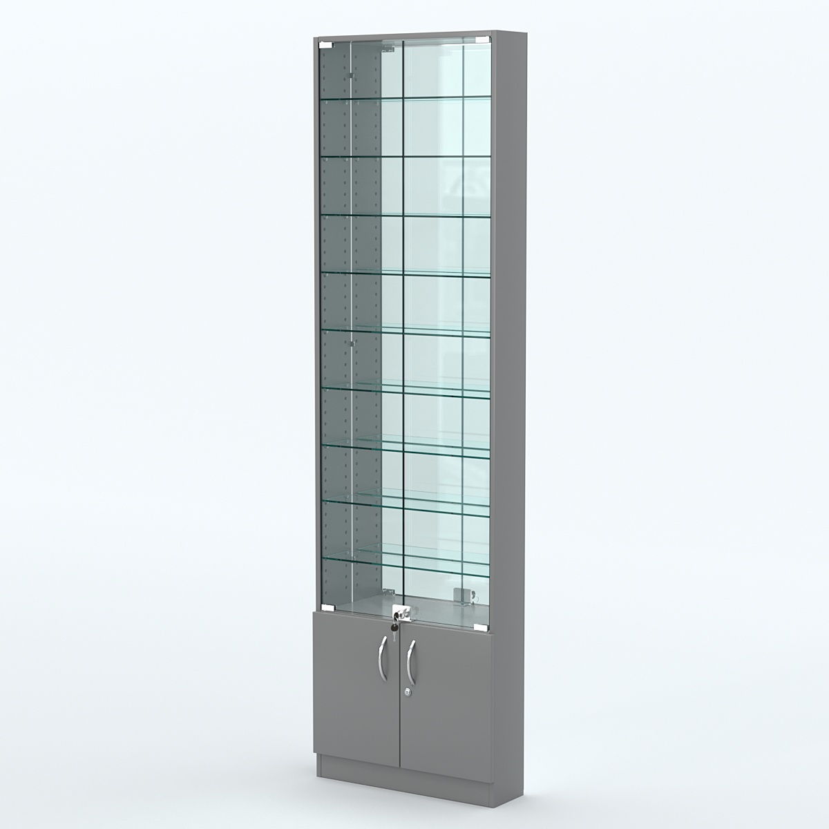 Торговая витрина с 9-ю стеклянными полками 150x600 мм серии NEXT-9 №2-2 (З/C - ЗЕРКАЛО) Темно-Серый