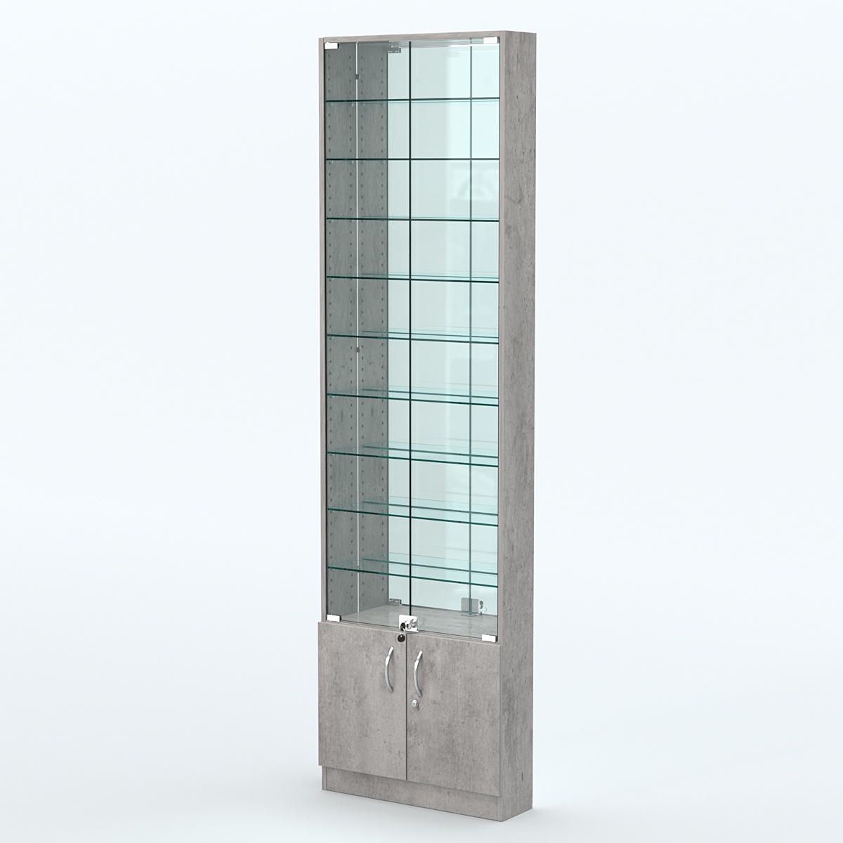 Торговая витрина с 9-ю стеклянными полками 150x600 мм серии NEXT-9 №2-2 (З/C - ЗЕРКАЛО) Бетон Чикаго светло-серый F186 ST9