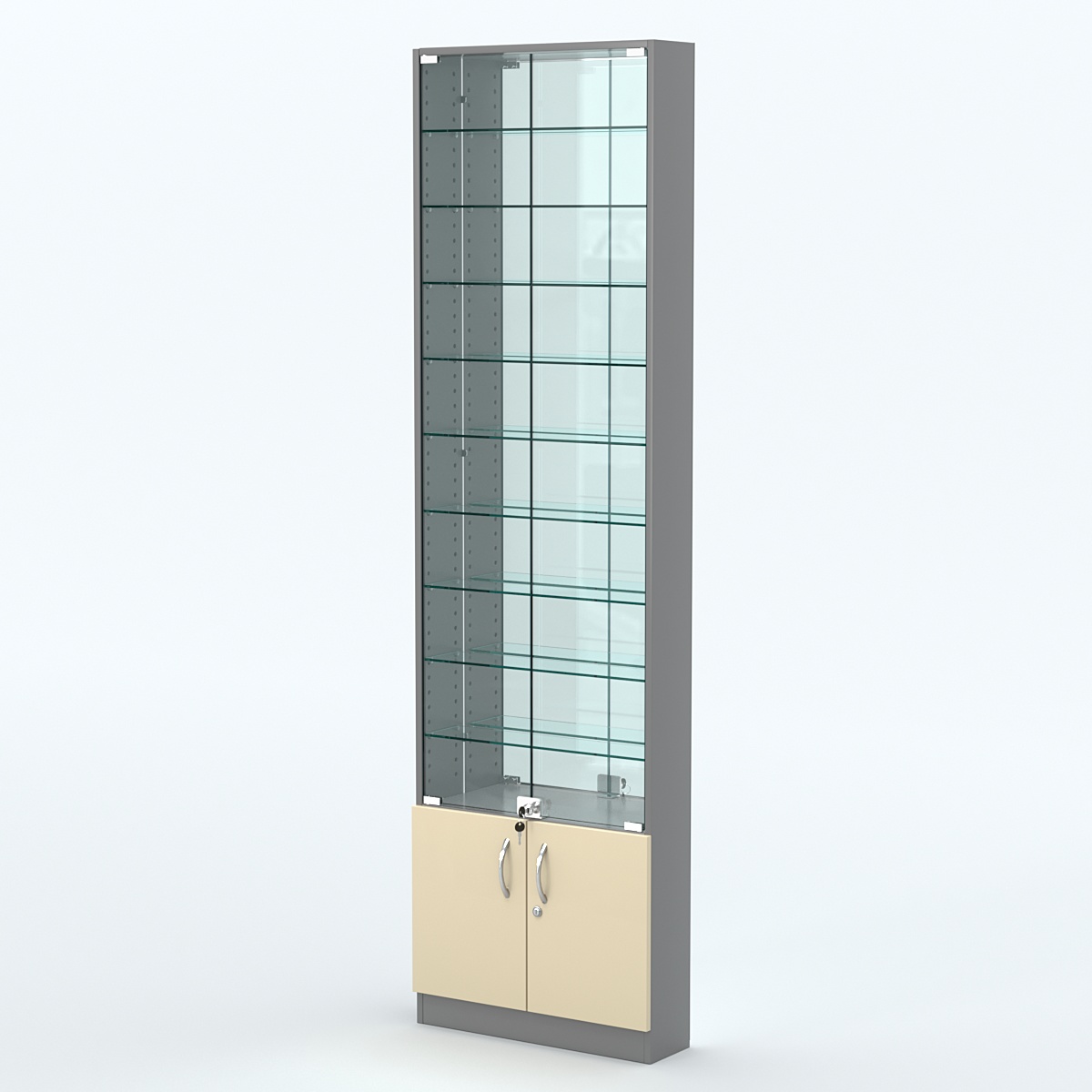 Торговая витрина с 9-ю стеклянными полками 150x600 мм серии NEXT-9 №2-2 (З/C - ЗЕРКАЛО) Темно-серый + Крем Вайс