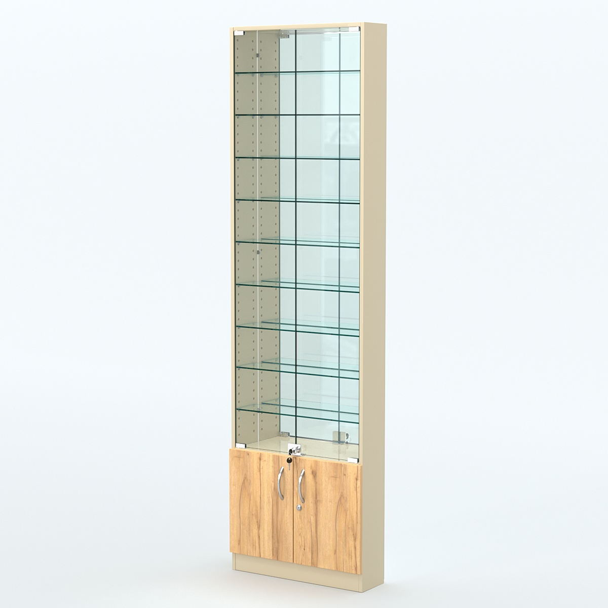 Торговая витрина с 9-ю стеклянными полками 150x600 мм серии NEXT-9 №2-2 (З/C - ЗЕРКАЛО) Крем Вайс и Дуб Золотистый