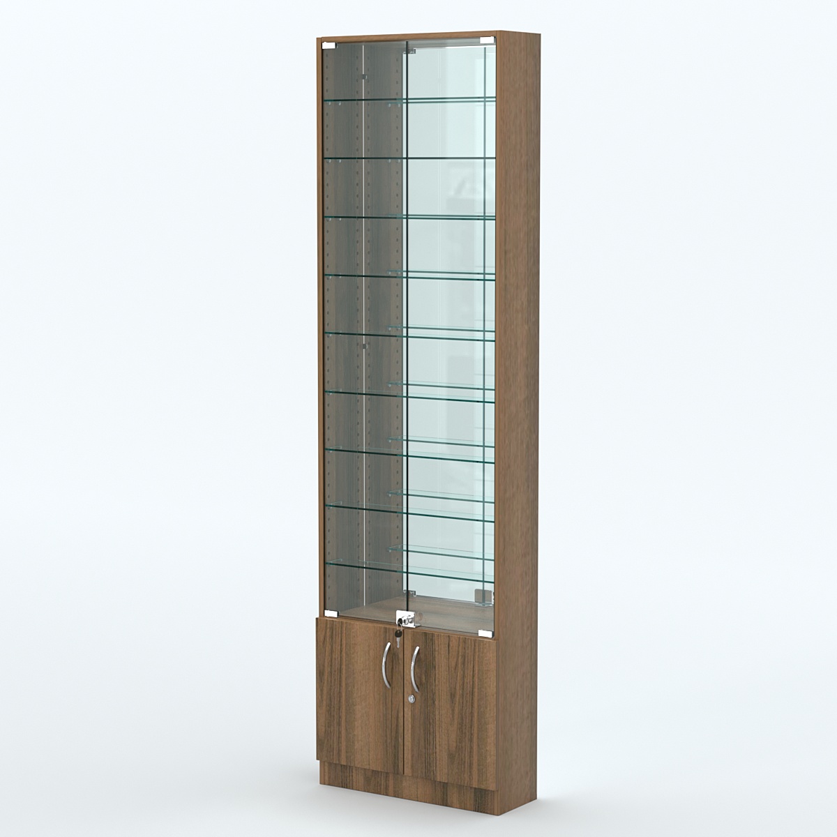 Торговая витрина с 9-ю стеклянными полками 200x600 мм серии NEXT-9 №3-2 (З/C - ЗЕРКАЛО) Орех