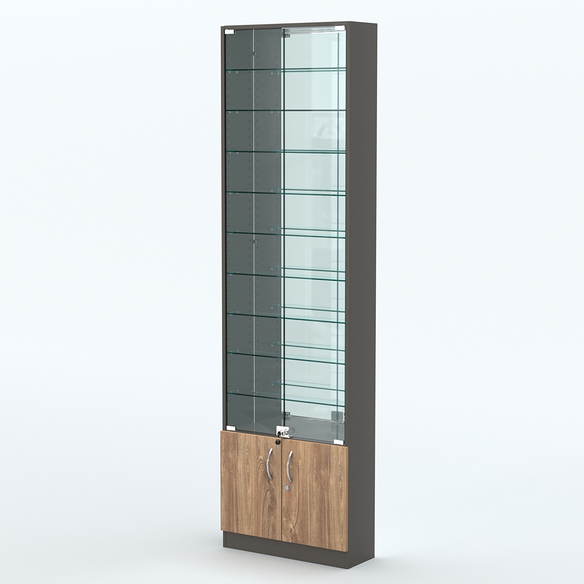 Торговая витрина с 9-ю стеклянными полками 200x600 мм серии NEXT-9 №3-2 (З/C - ЗЕРКАЛО) Черный + Дуб Канзас Коричневый