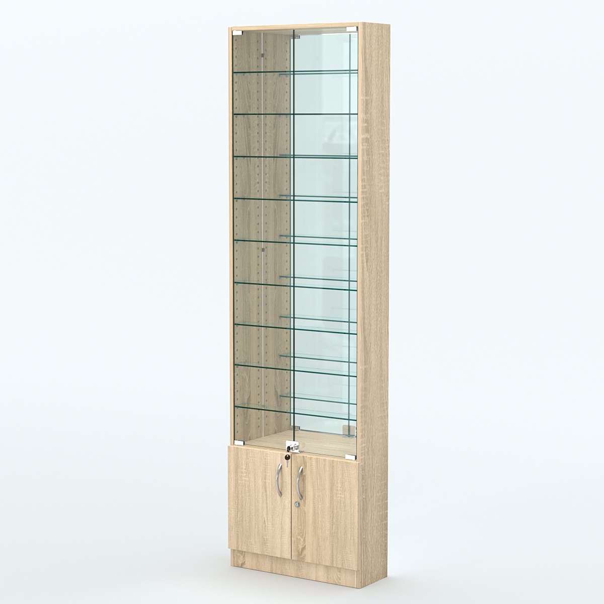 Торговая витрина с 9-ю стеклянными полками 200x600 мм серии NEXT-9 №3-2 (З/C - ЗЕРКАЛО) Дуб сонома