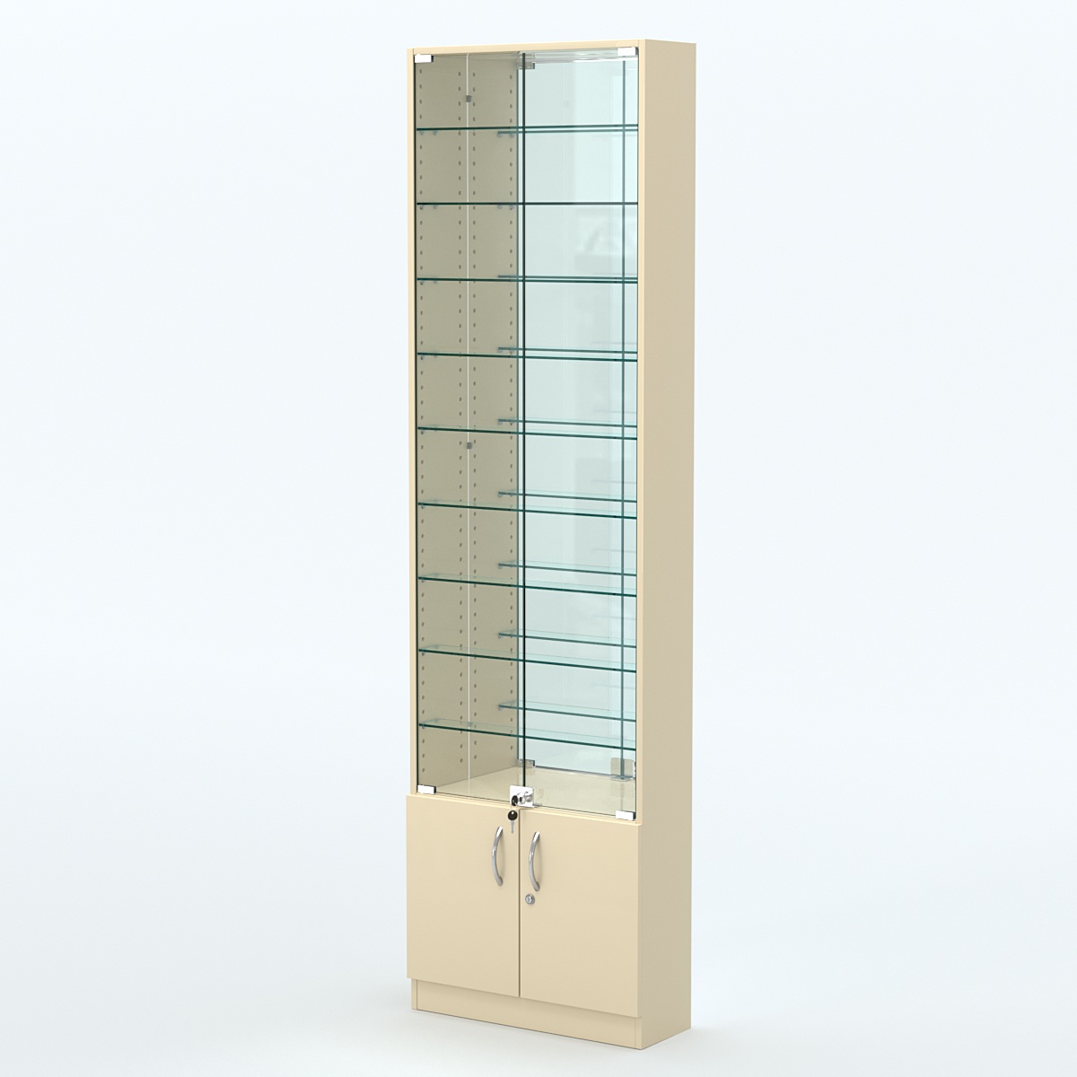 Торговая витрина с 9-ю стеклянными полками 200x600 мм серии NEXT-9 №3-2 (З/C - ЗЕРКАЛО) Крем Вайс