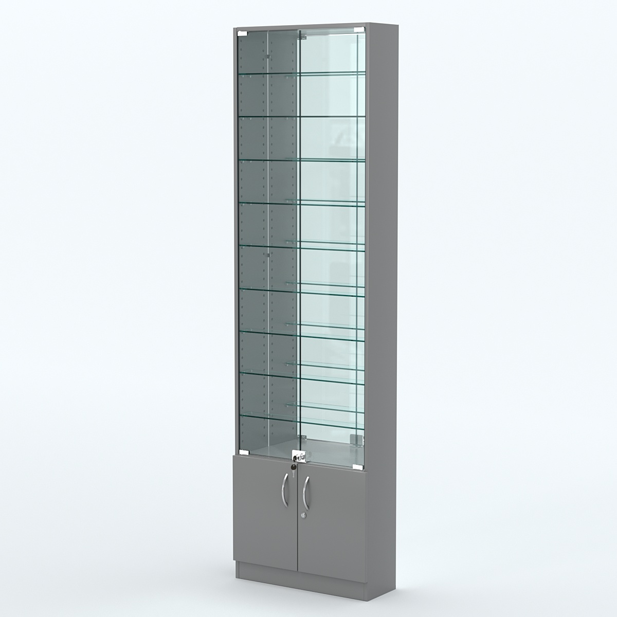 Торговая витрина с 9-ю стеклянными полками 200x600 мм серии NEXT-9 №3-2 (З/C - ЗЕРКАЛО) Темно-Серый