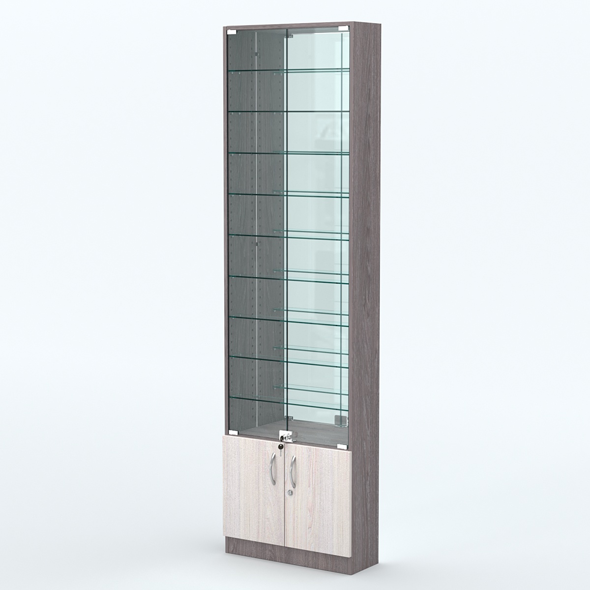 Торговая витрина с 9-ю стеклянными полками 200x600 мм серии NEXT-9 №3-2 (З/C - ЗЕРКАЛО) Ясень Анкор темный + Ясень Анкор светлый
