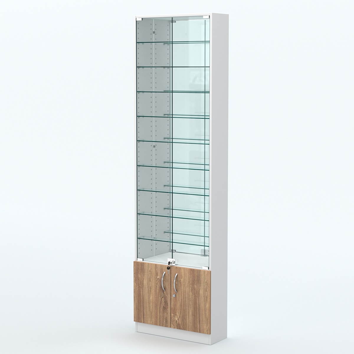 Торговая витрина с 9-ю стеклянными полками 200x600 мм серии NEXT-9 №3-2 (З/C - ЗЕРКАЛО) Белый + Дуб канзас коричневый