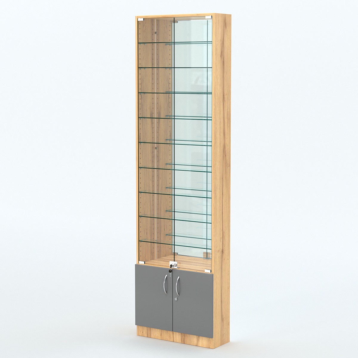 Торговая витрина с 9-ю стеклянными полками 200x600 мм серии NEXT-9 №3-2 (З/C - ЗЕРКАЛО) Дуб Золотистый и Темно-Серый