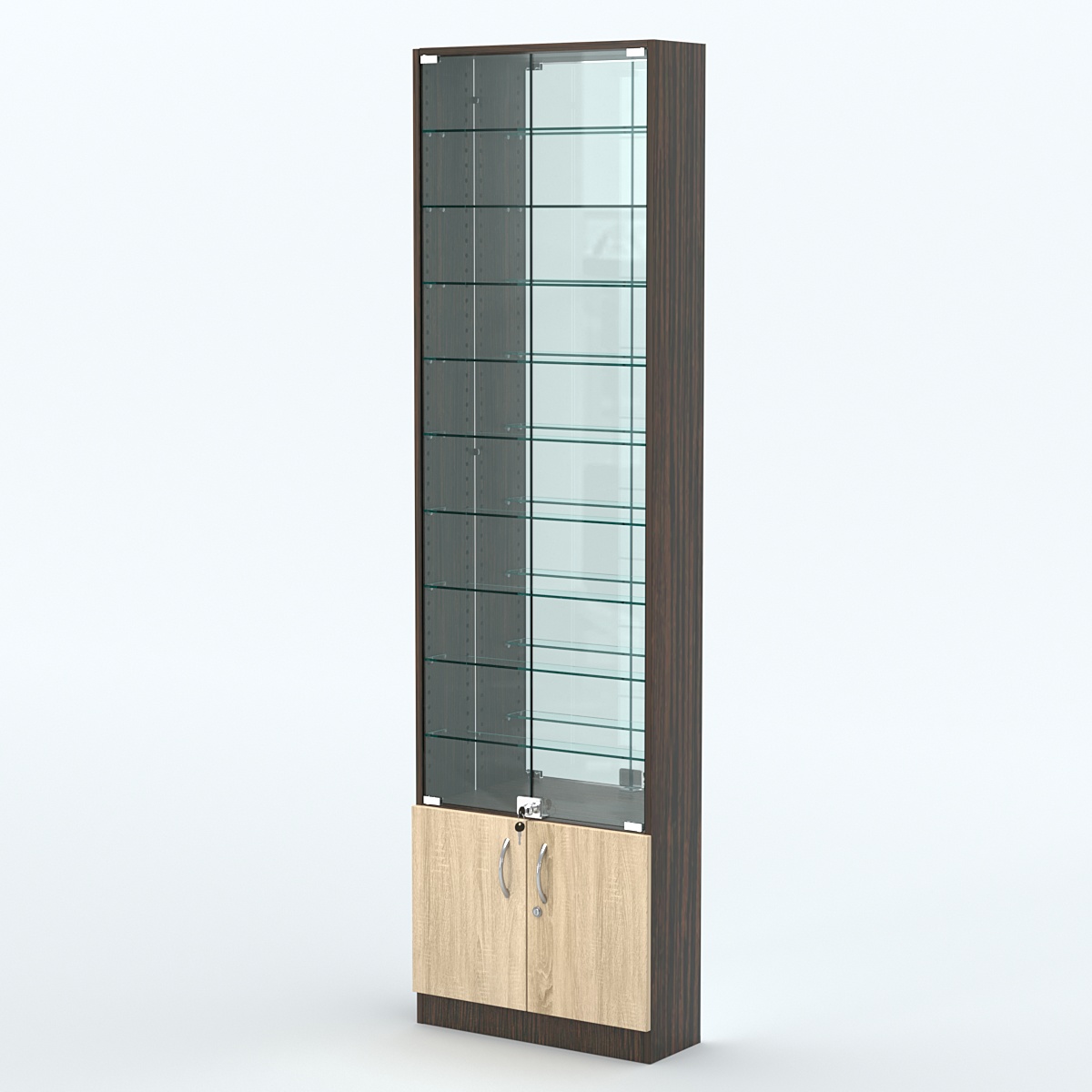 Торговая витрина с 9-ю стеклянными полками 200x600 мм серии NEXT-9 №3-2 (З/C - ЗЕРКАЛО) Дуб Венге + Дуб Сонома