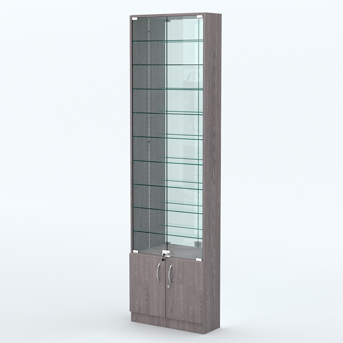 Торговая витрина с 9-ю стеклянными полками 200x600 мм серии NEXT-9 №3-2 (З/C - ЗЕРКАЛО) Ясень Анкор темный