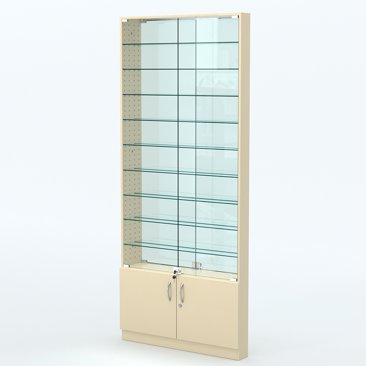 Торговая витрина с 9-ю стеклянными полками 100x900 мм серии NEXT-9 №8-2 (З/C - ЗЕРКАЛО) Крем Вайс