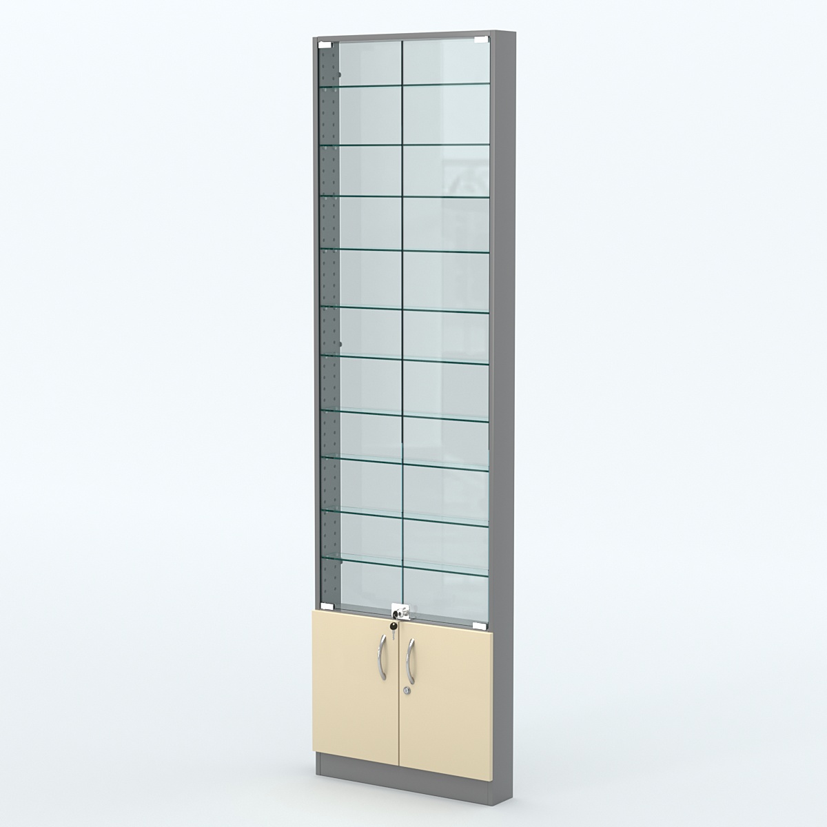 Торговая витрина с 10-ю стеклянными полками 100x600 мм серии NEXT-10 №1-1 (З/C - СТЕКЛО) Темно-серый + Крем Вайс