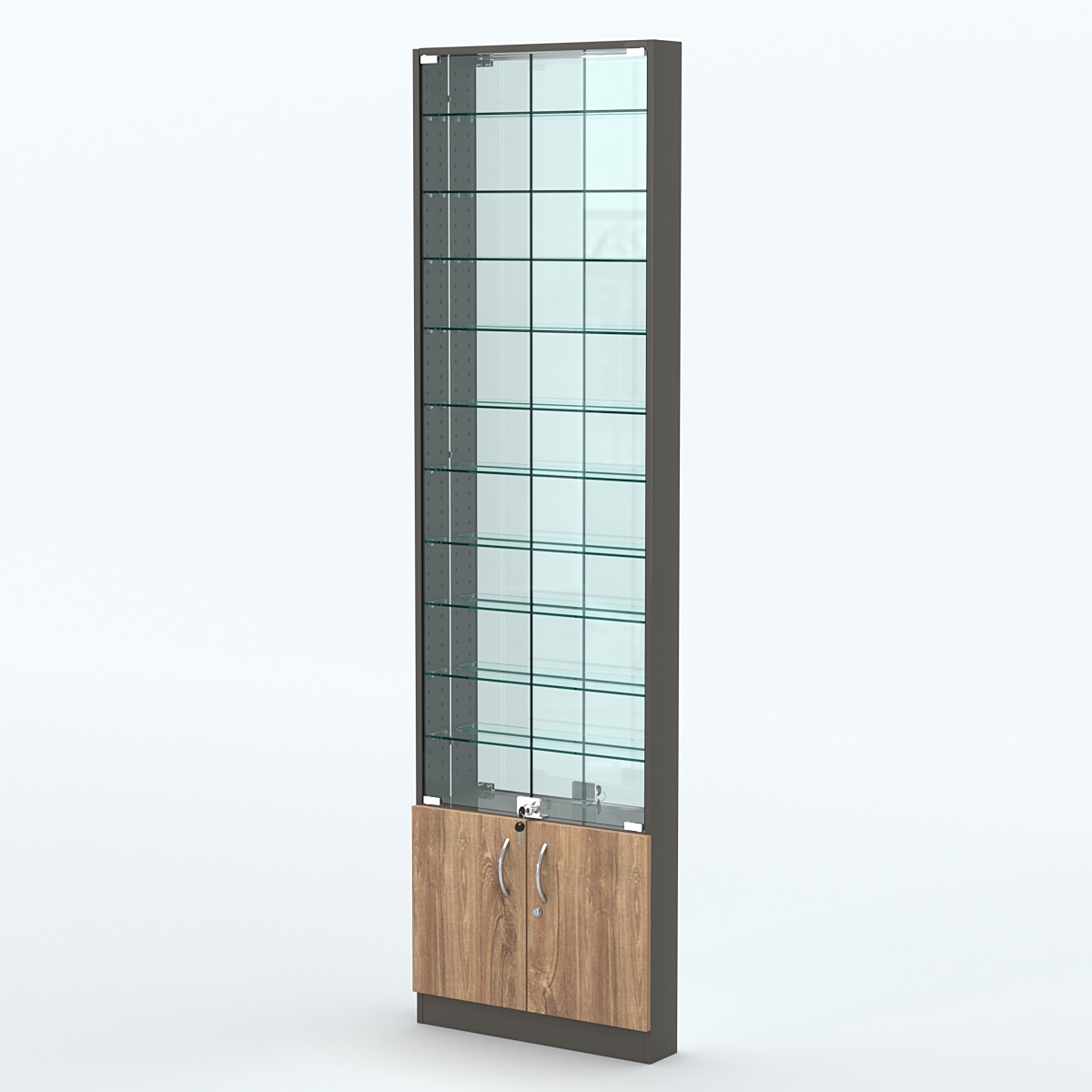 Торговая витрина с 10-ю стеклянными полками 100x600 мм серии NEXT-10 №1-2 (З/C - ЗЕРКАЛО) Черный + Дуб Канзас Коричневый