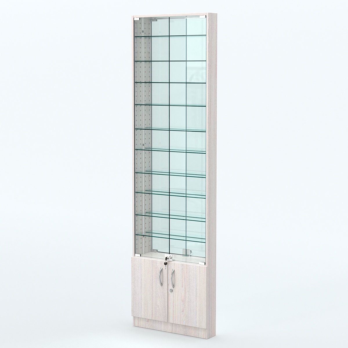 Торговая витрина с 10-ю стеклянными полками 100x600 мм серии NEXT-10 №1-2 (З/C - ЗЕРКАЛО) Ясень Анкор светлый