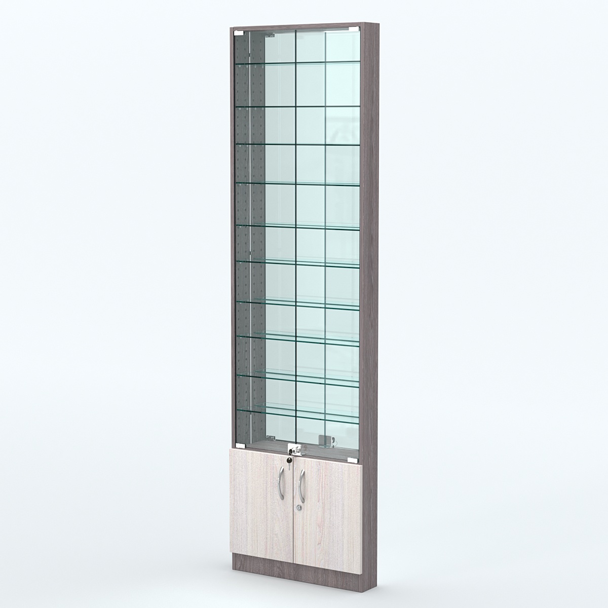 Торговая витрина с 10-ю стеклянными полками 100x600 мм серии NEXT-10 №1-2 (З/C - ЗЕРКАЛО) Ясень Анкор темный + Ясень Анкор светлый