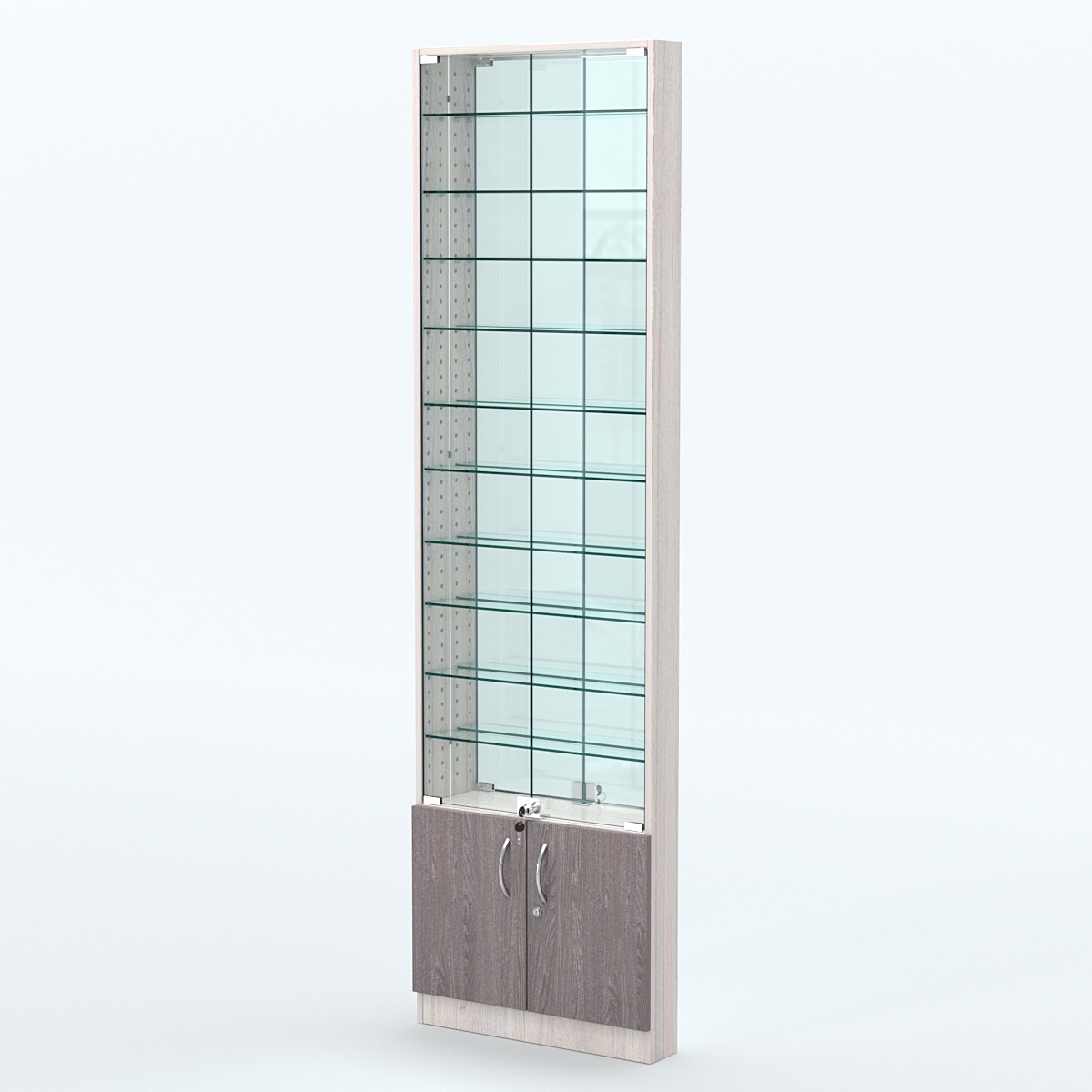 Торговая витрина с 10-ю стеклянными полками 100x600 мм серии NEXT-10 №1-2 (З/C - ЗЕРКАЛО) Ясень Анкор светлый + Ясень Анкор темный