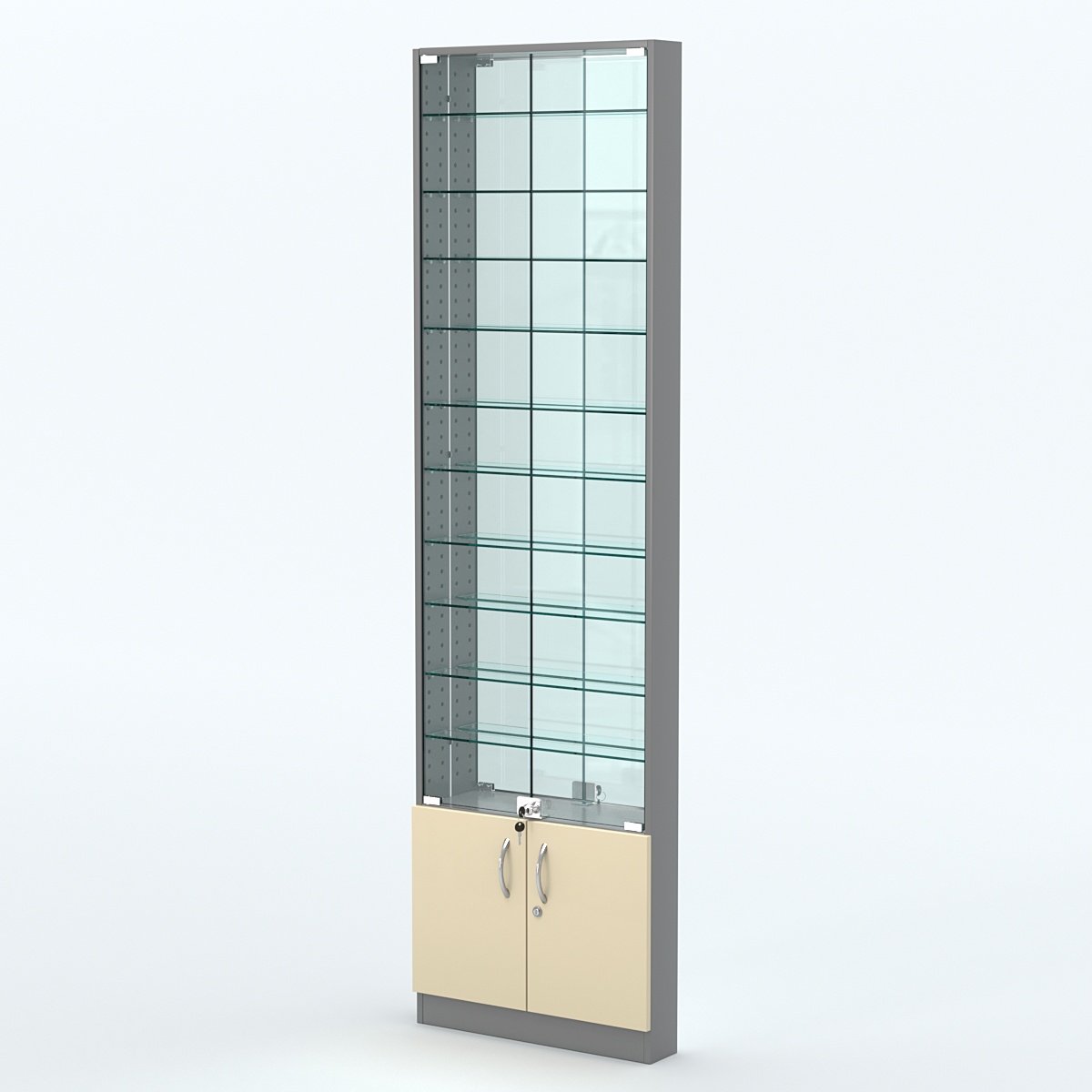 Торговая витрина с 10-ю стеклянными полками 100x600 мм серии NEXT-10 №1-2 (З/C - ЗЕРКАЛО) Темно-серый + Крем Вайс