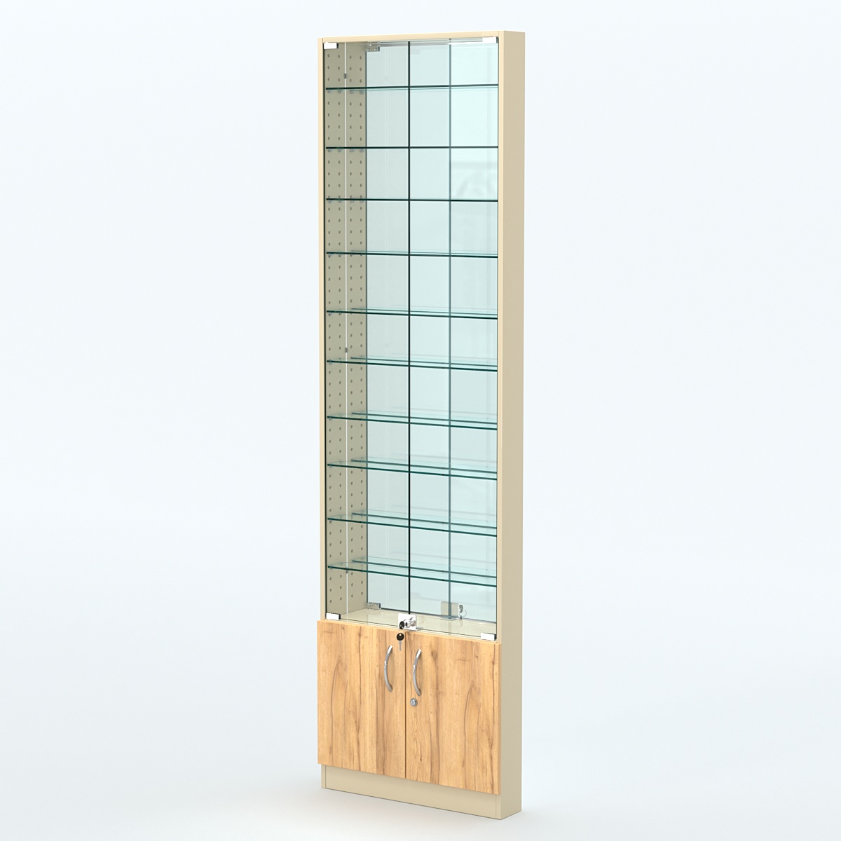 Торговая витрина с 10-ю стеклянными полками 100x600 мм серии NEXT-10 №1-2 (З/C - ЗЕРКАЛО) Крем Вайс и Дуб Золотистый