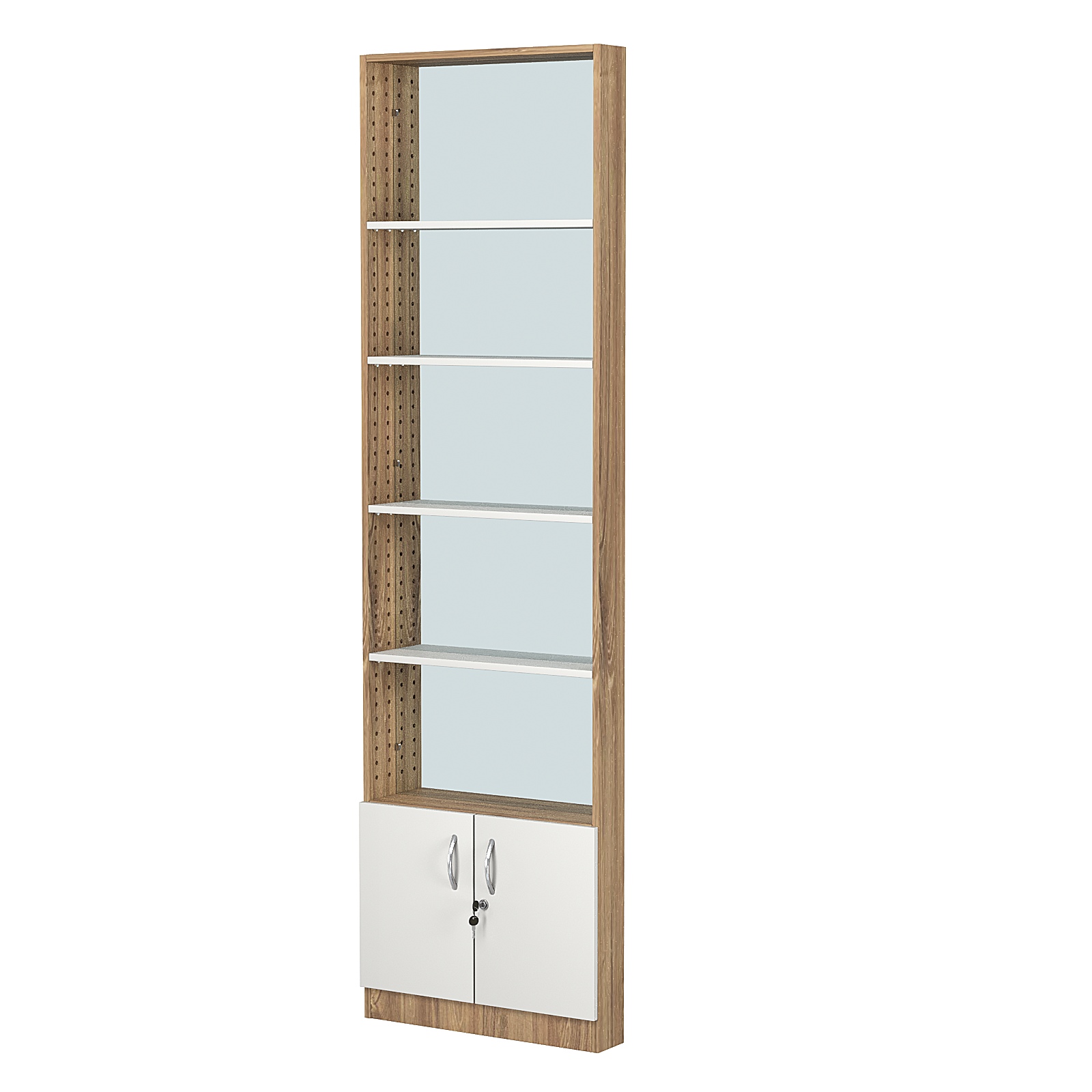 Стеллаж из ДСП с 4-мя полками 100x600 мм серии LEVEL-4 №1-2 (З/C - ЗЕРКАЛО) Дуб Канзас коричневый + Белый