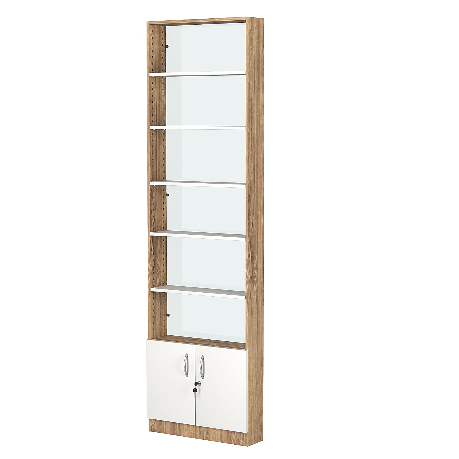 Стеллаж из ДСП с 5-ю полками 150x600 мм серии LEVEL-5 №2-1 (З/C - СТЕКЛО) Дуб Канзас коричневый + Белый