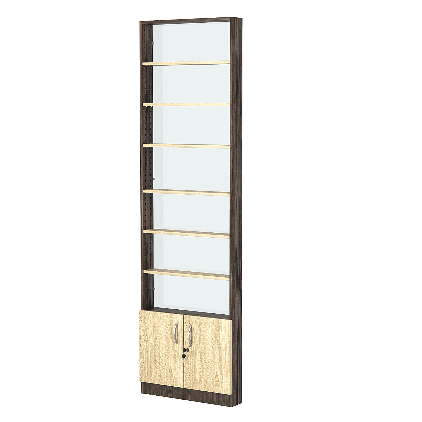 Стеллаж из ДСП с 6-ю полками 100x600 мм серии LEVEL-6 №1-1 (З/C - СТЕКЛО) Дуб Венге + Дуб Сонома
