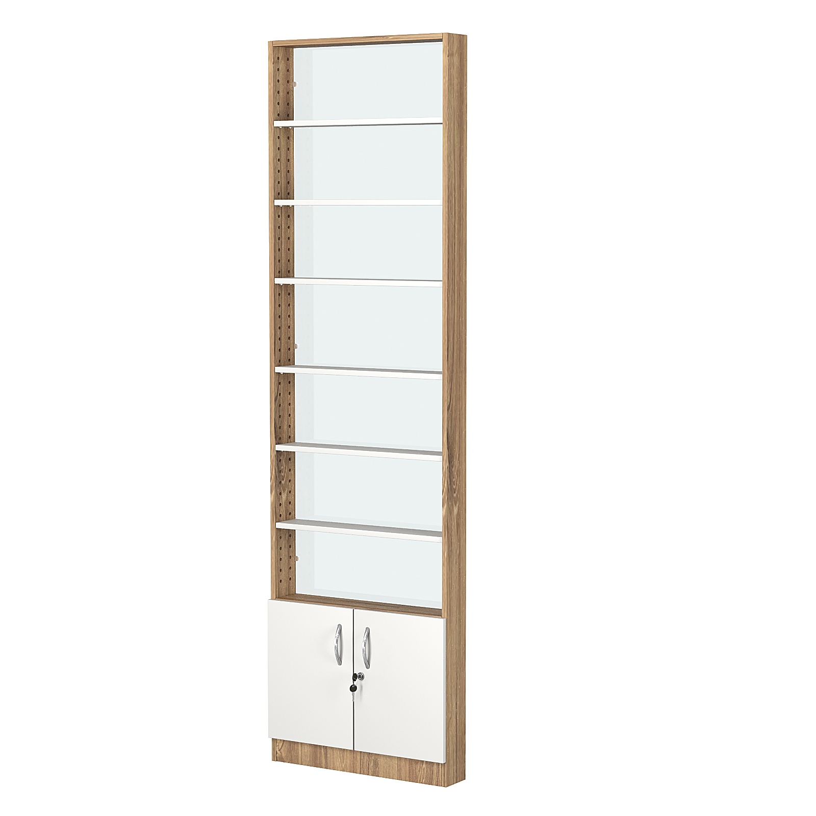 Стеллаж из ДСП с 6-ю полками 100x600 мм серии LEVEL-6 №1-1 (З/C - СТЕКЛО) Дуб Канзас коричневый + Белый