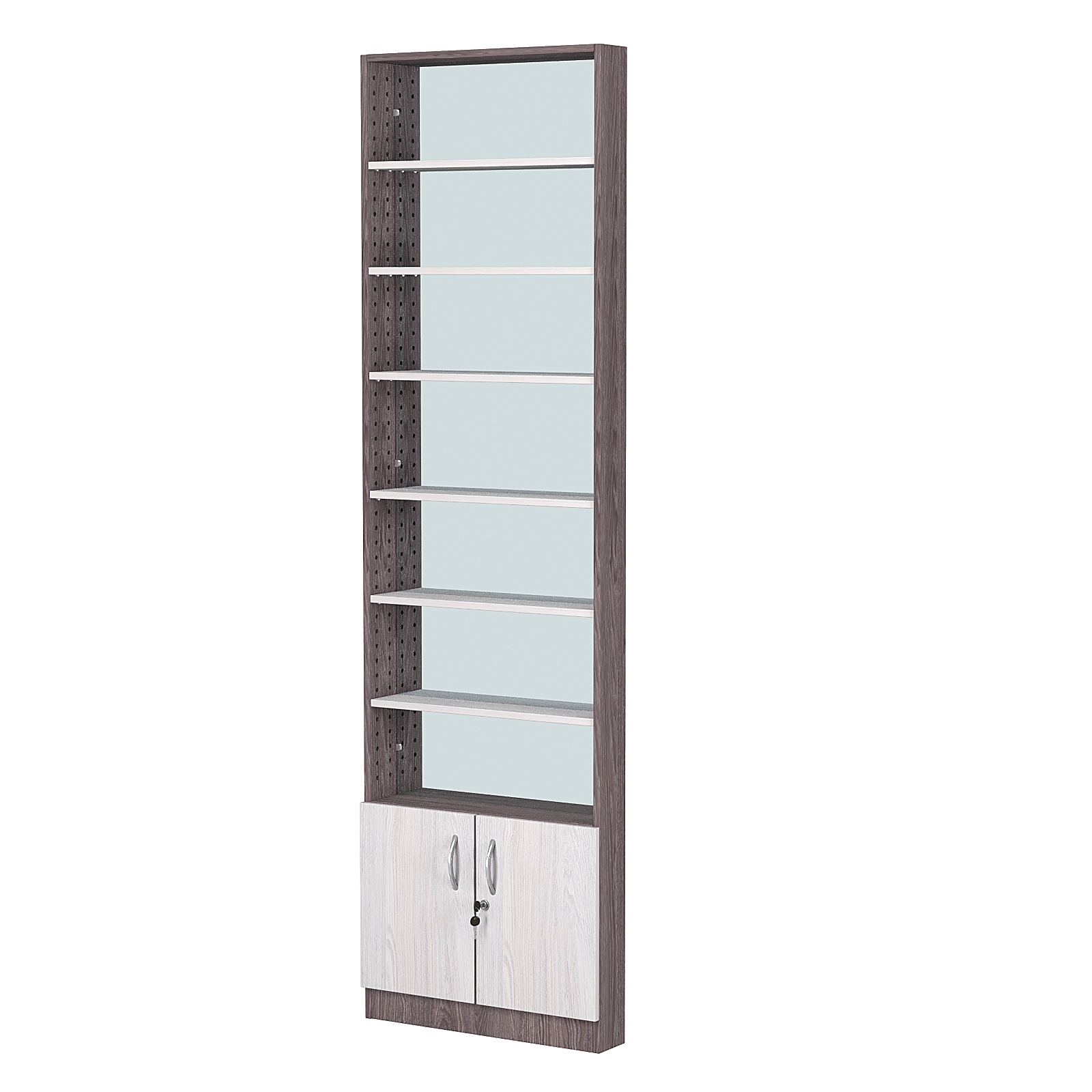 Стеллаж из ДСП с 6-ю полками 100x600 мм серии LEVEL-6 №1-2 (З/C - ЗЕРКАЛО) Ясень Анкор темный + Ясень Анкор светлый