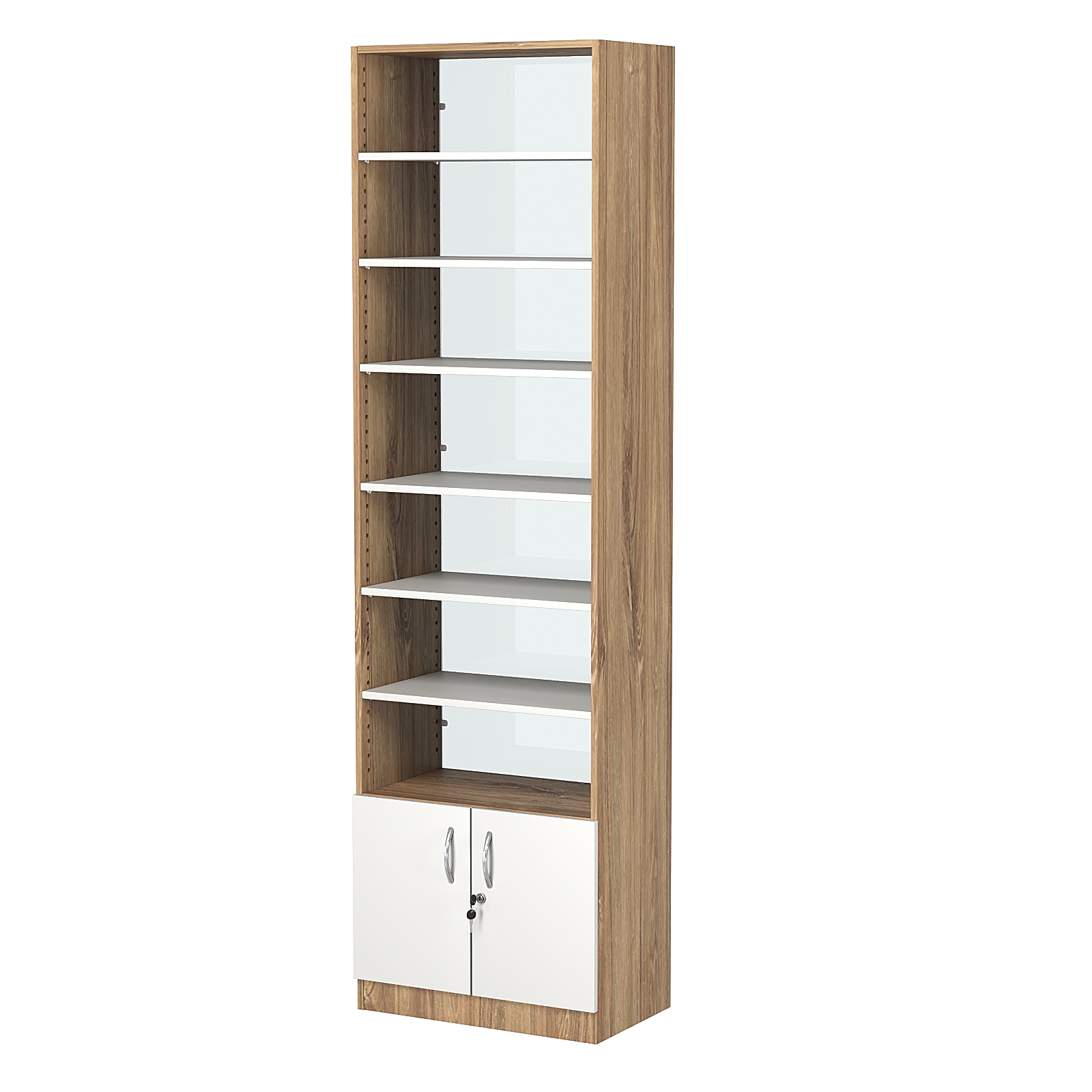 Стеллаж из ДСП с 6-ю полками 350x600 мм серии LEVEL-6 №6-1 (З/C - СТЕКЛО) Дуб Канзас коричневый + Белый