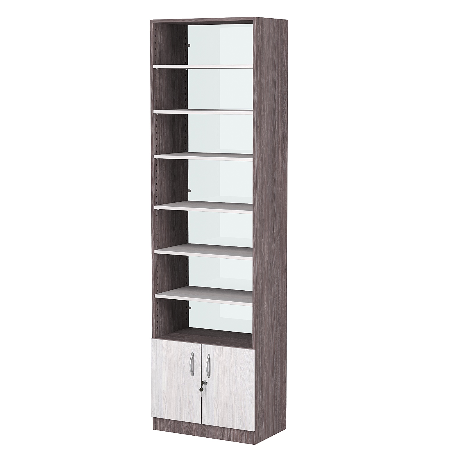 Стеллаж из ДСП с 6-ю полками 350x600 мм серии LEVEL-6 №6-1 (З/C - СТЕКЛО) Ясень Анкор темный + Ясень Анкор светлый