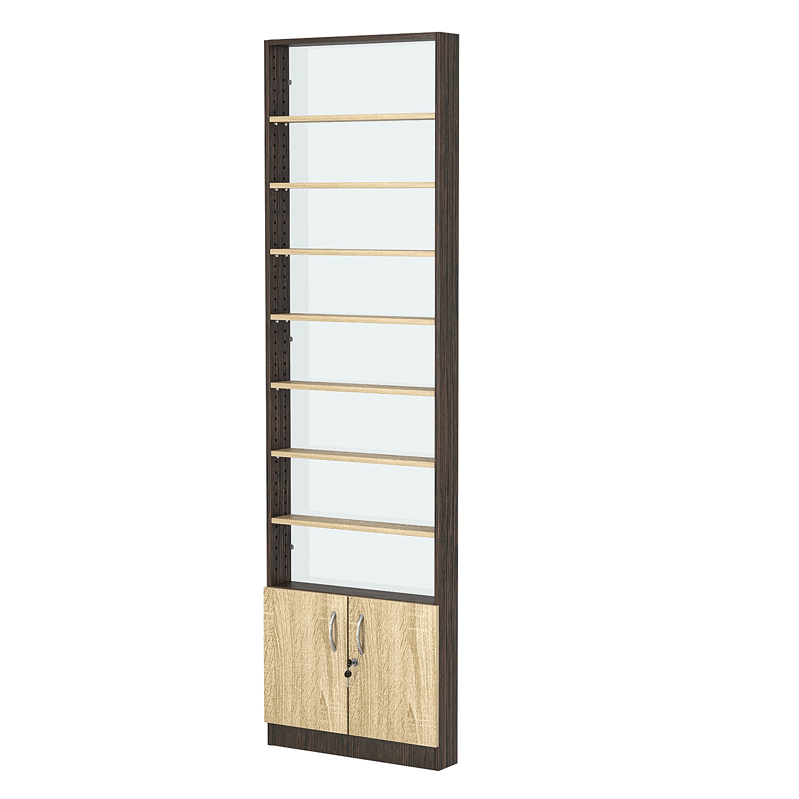 Стеллаж из ДСП с 7-ю полками 100x600 мм серии LEVEL-7 №1-1 (З/C - СТЕКЛО) Дуб Венге + Дуб Сонома