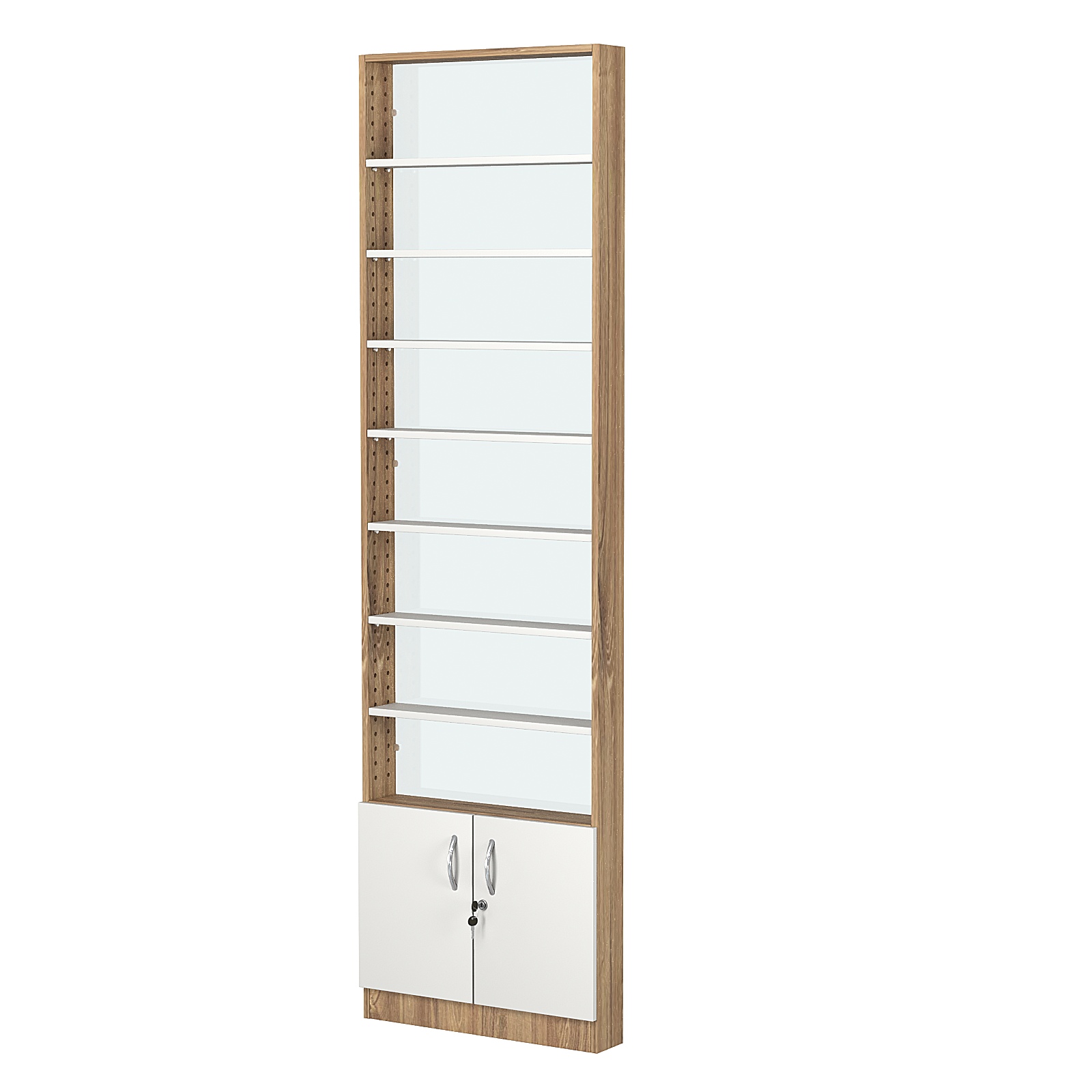 Стеллаж из ДСП с 7-ю полками 100x600 мм серии LEVEL-7 №1-1 (З/C - СТЕКЛО) Дуб Канзас коричневый + Белый