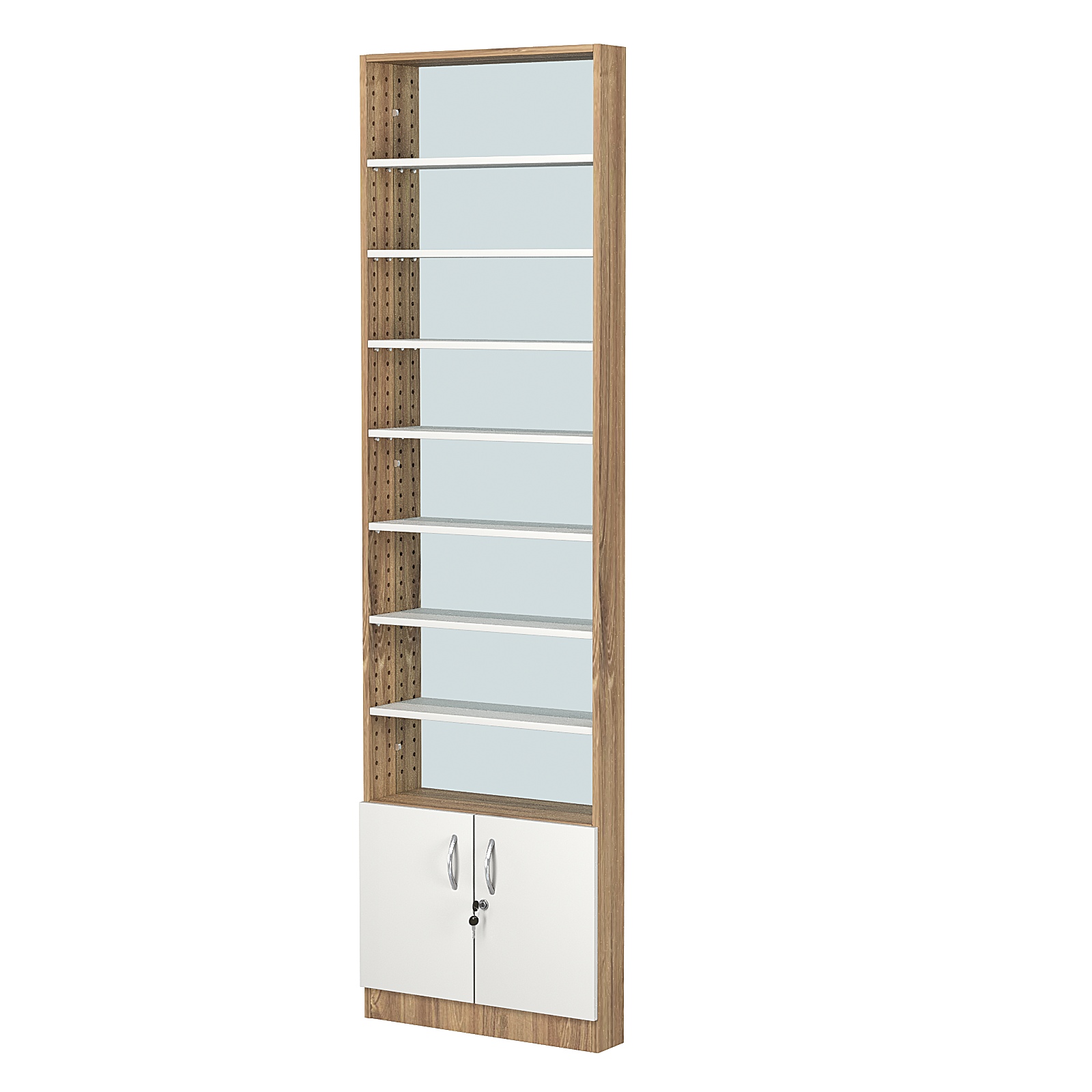 Стеллаж из ДСП с 7-ю полками 100x600 мм серии LEVEL-7 №1-2 (З/C - ЗЕРКАЛО) Дуб Канзас коричневый + Белый