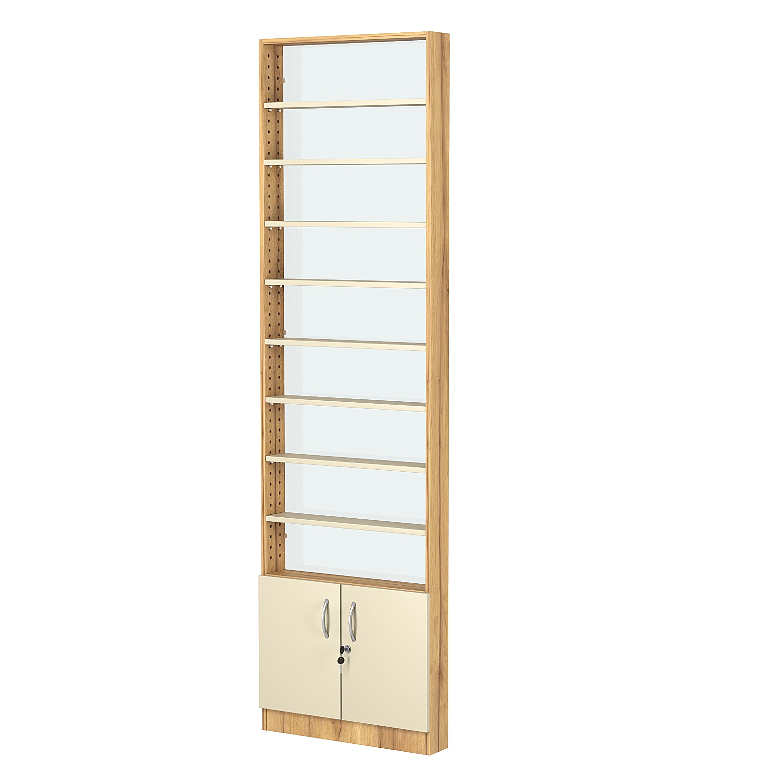 Стеллаж из ДСП с 8-ю полками 100x600 мм серии LEVEL-8 №1-1 (З/C - СТЕКЛО) Дуб Золотистый и Крем Вайс