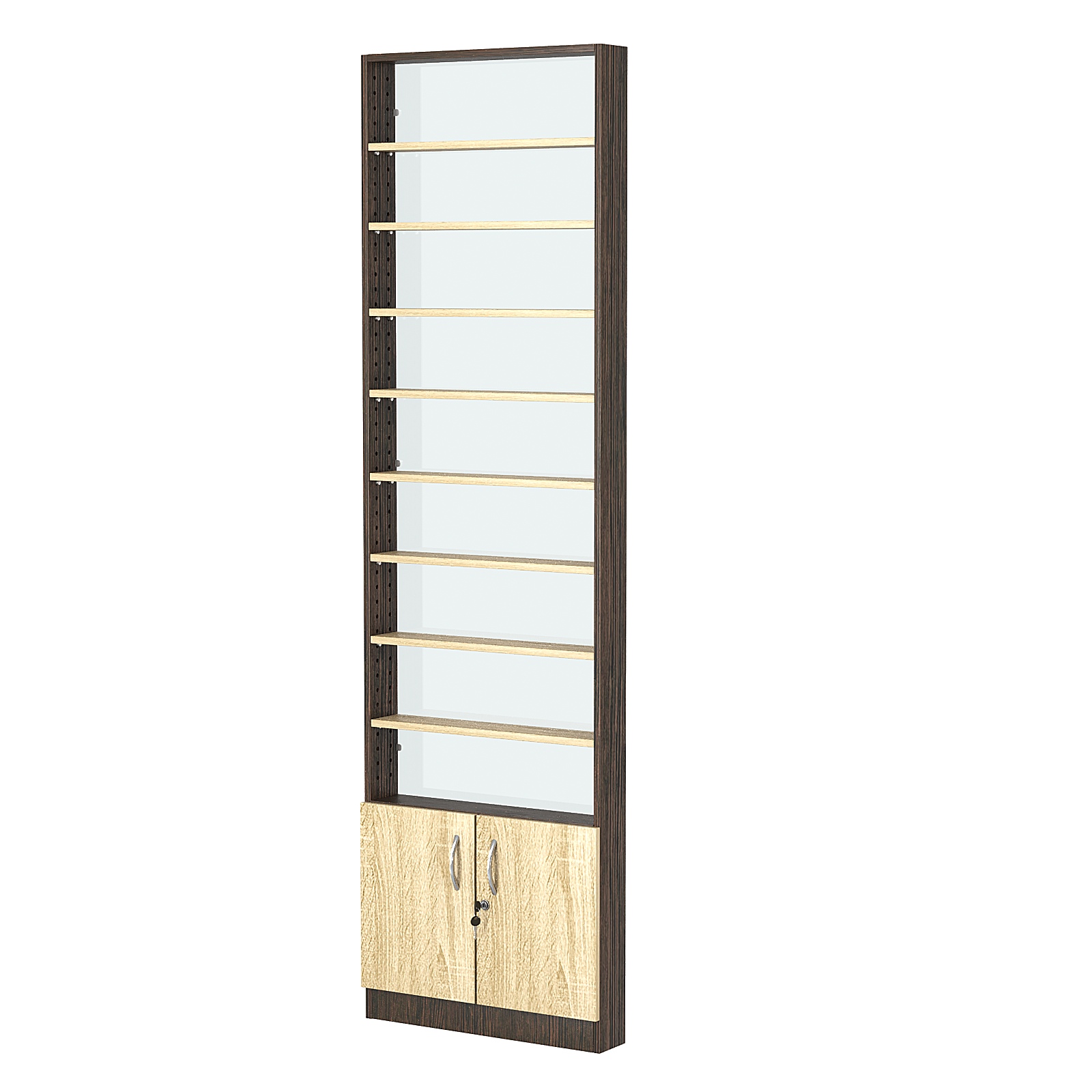 Стеллаж из ДСП с 8-ю полками 100x600 мм серии LEVEL-8 №1-1 (З/C - СТЕКЛО) Дуб Венге + Дуб Сонома
