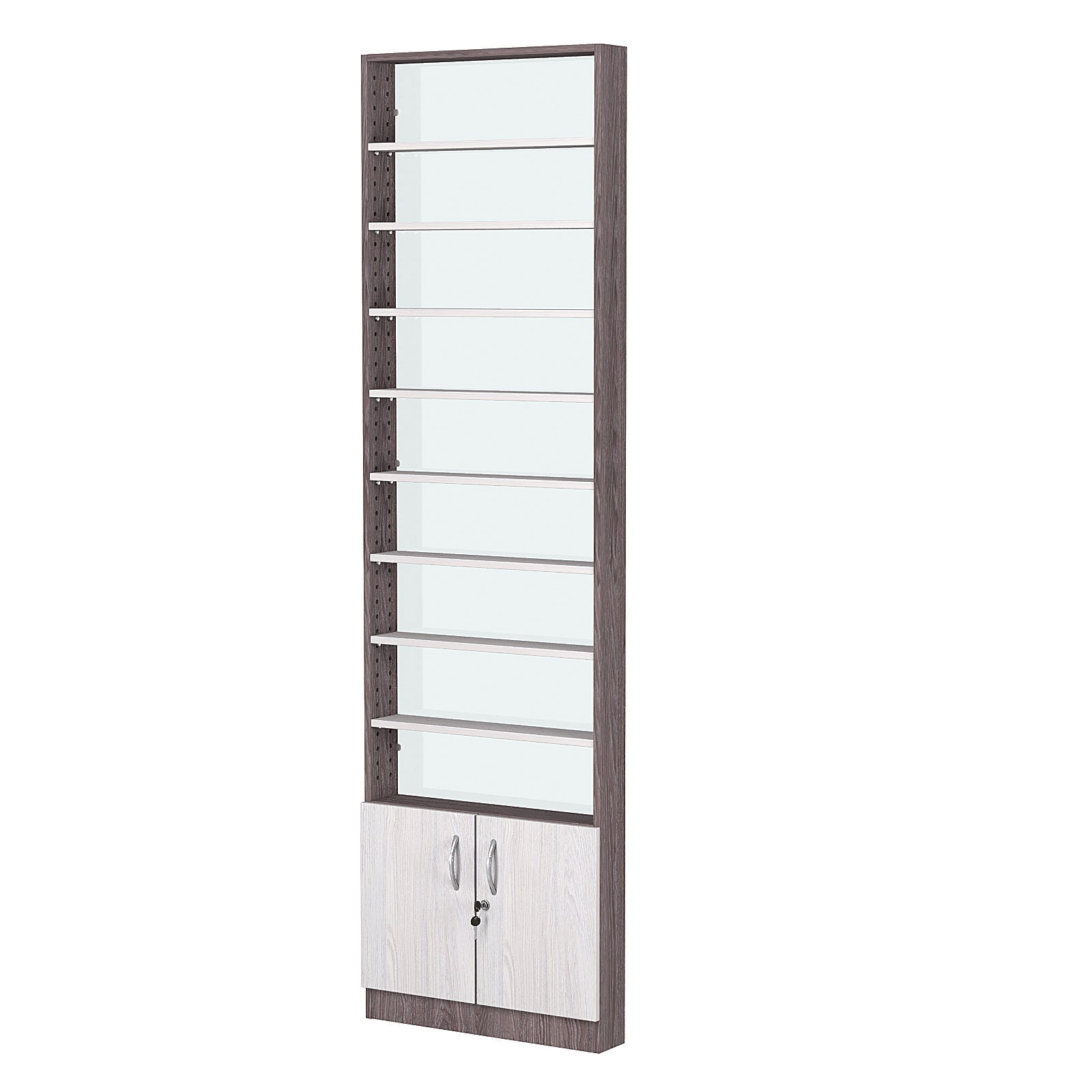 Стеллаж из ДСП с 8-ю полками 100x600 мм серии LEVEL-8 №1-1 (З/C - СТЕКЛО) Ясень Анкор темный + Ясень Анкор светлый