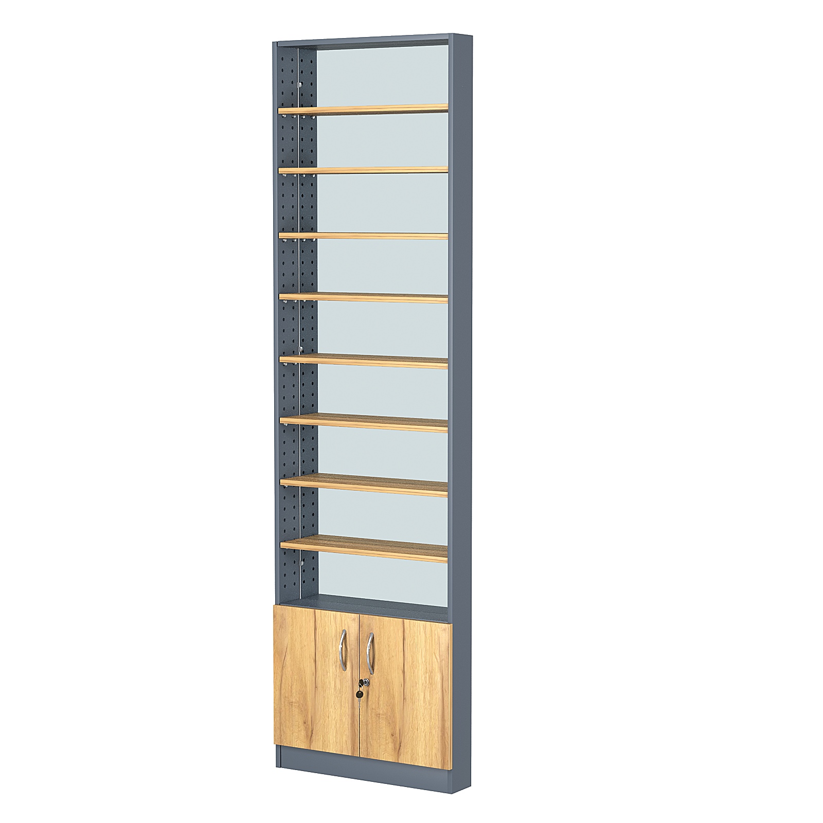 Стеллаж из ДСП с 8-ю полками 100x600 мм серии LEVEL-8 №1-2 (З/C - ЗЕРКАЛО) Темно-серый и Дуб Золотистый