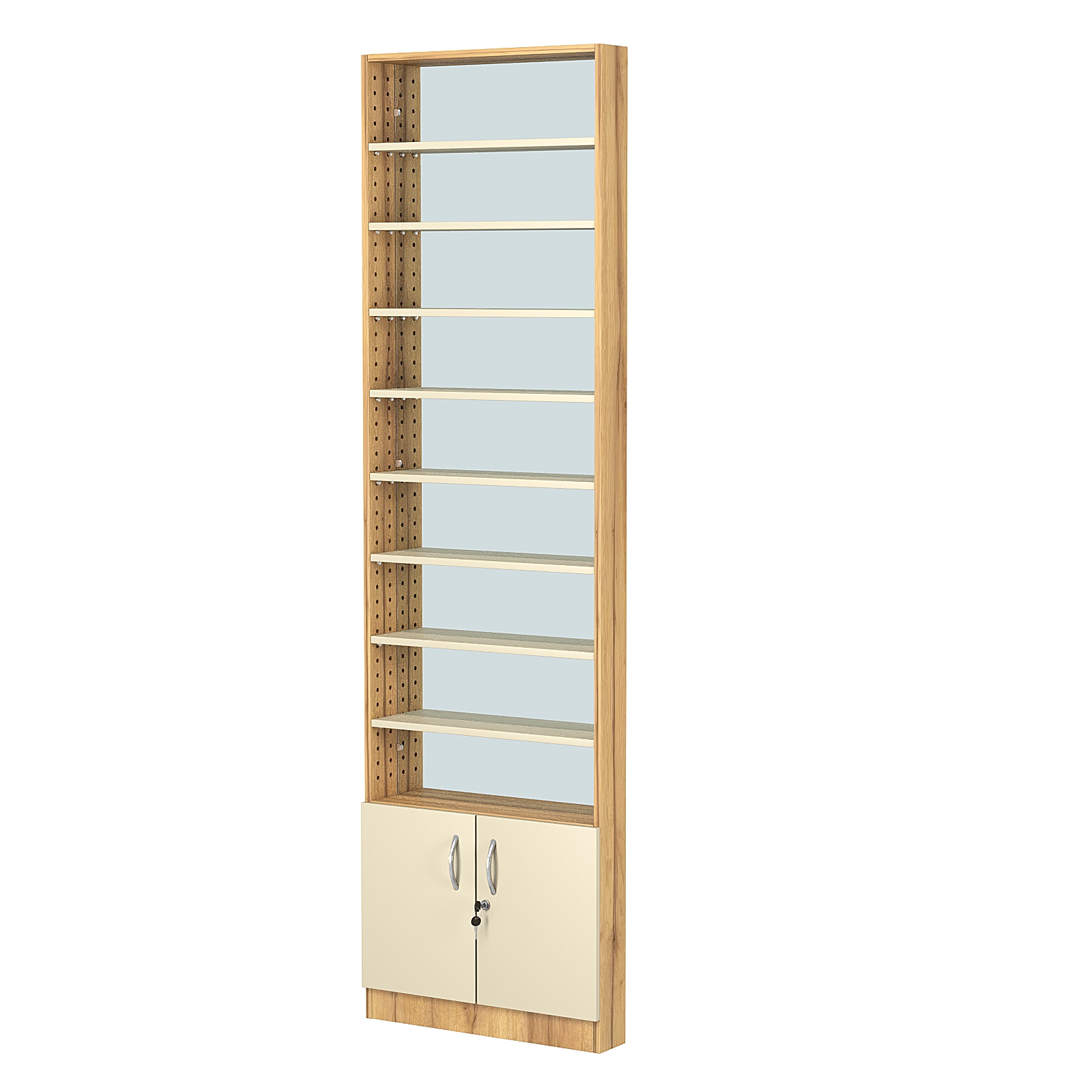 Стеллаж из ДСП с 8-ю полками 100x600 мм серии LEVEL-8 №1-2 (З/C - ЗЕРКАЛО) Дуб Золотистый и Крем Вайс