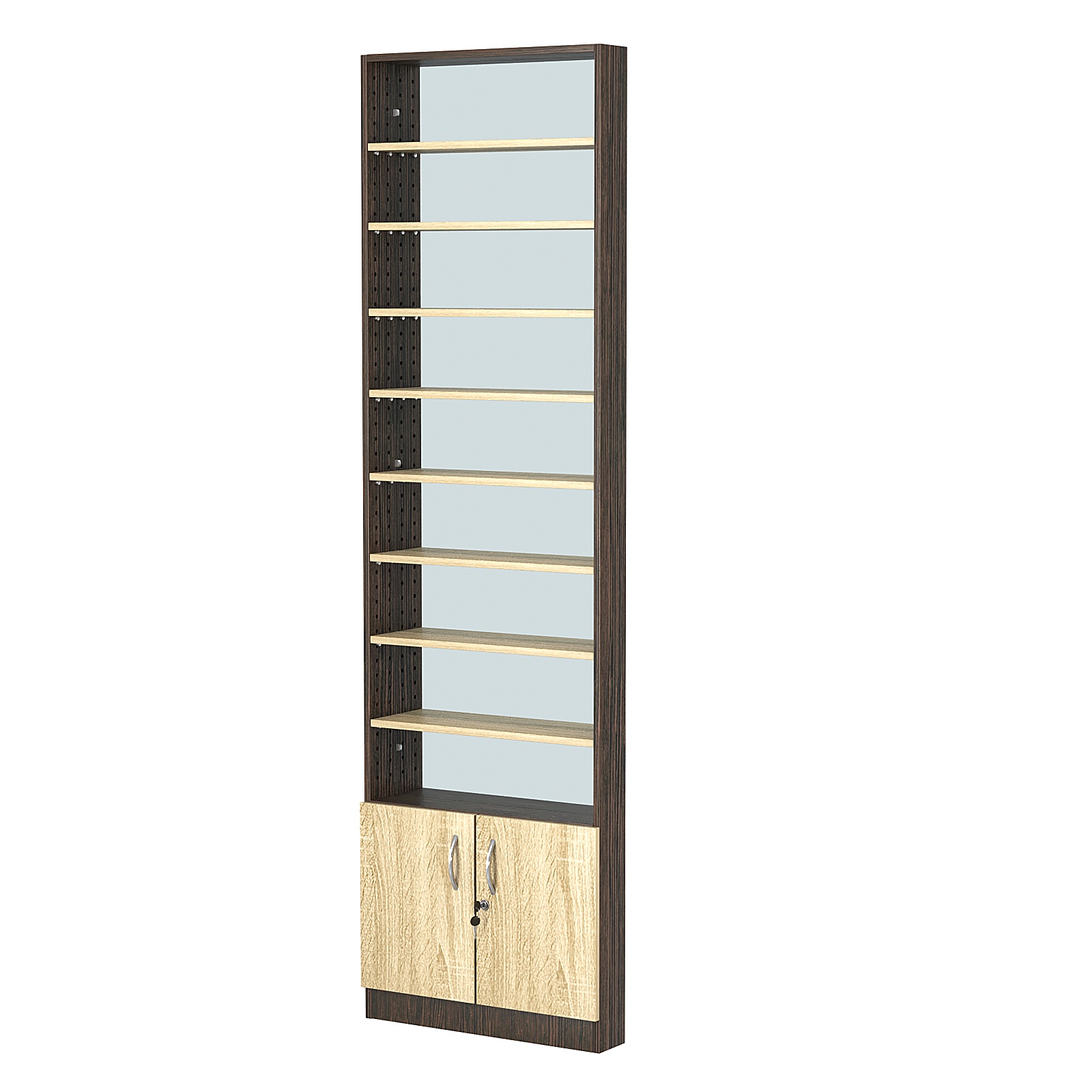 Стеллаж из ДСП с 8-ю полками 100x600 мм серии LEVEL-8 №1-2 (З/C - ЗЕРКАЛО) Дуб Венге + Дуб Сонома