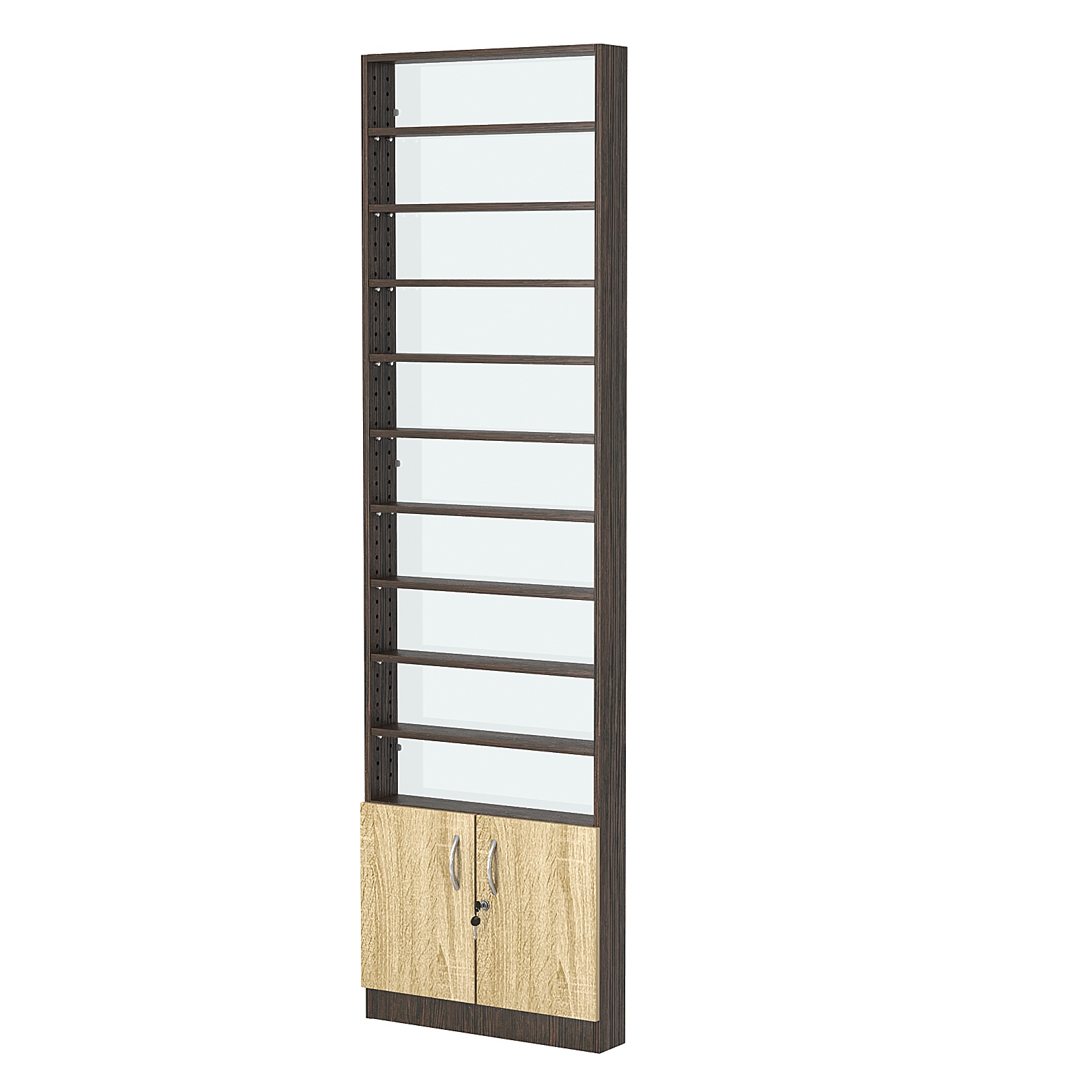 Стеллаж из ДСП с 9-ю полками 100x600 мм серии LEVEL-9 №1-1 (З/C - СТЕКЛО) Дуб Венге + Дуб Сонома