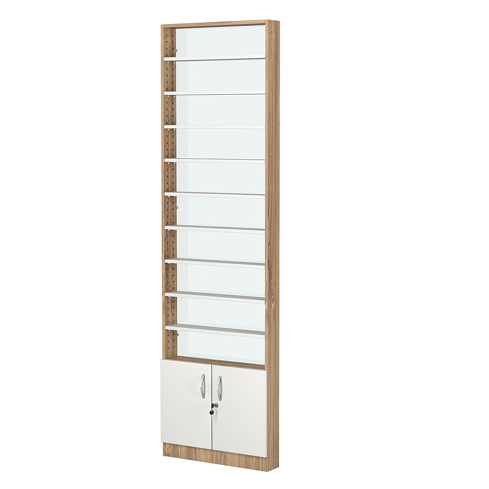 Стеллаж из ДСП с 9-ю полками 100x600 мм серии LEVEL-9 №1-1 (З/C - СТЕКЛО) Дуб Канзас коричневый + Белый