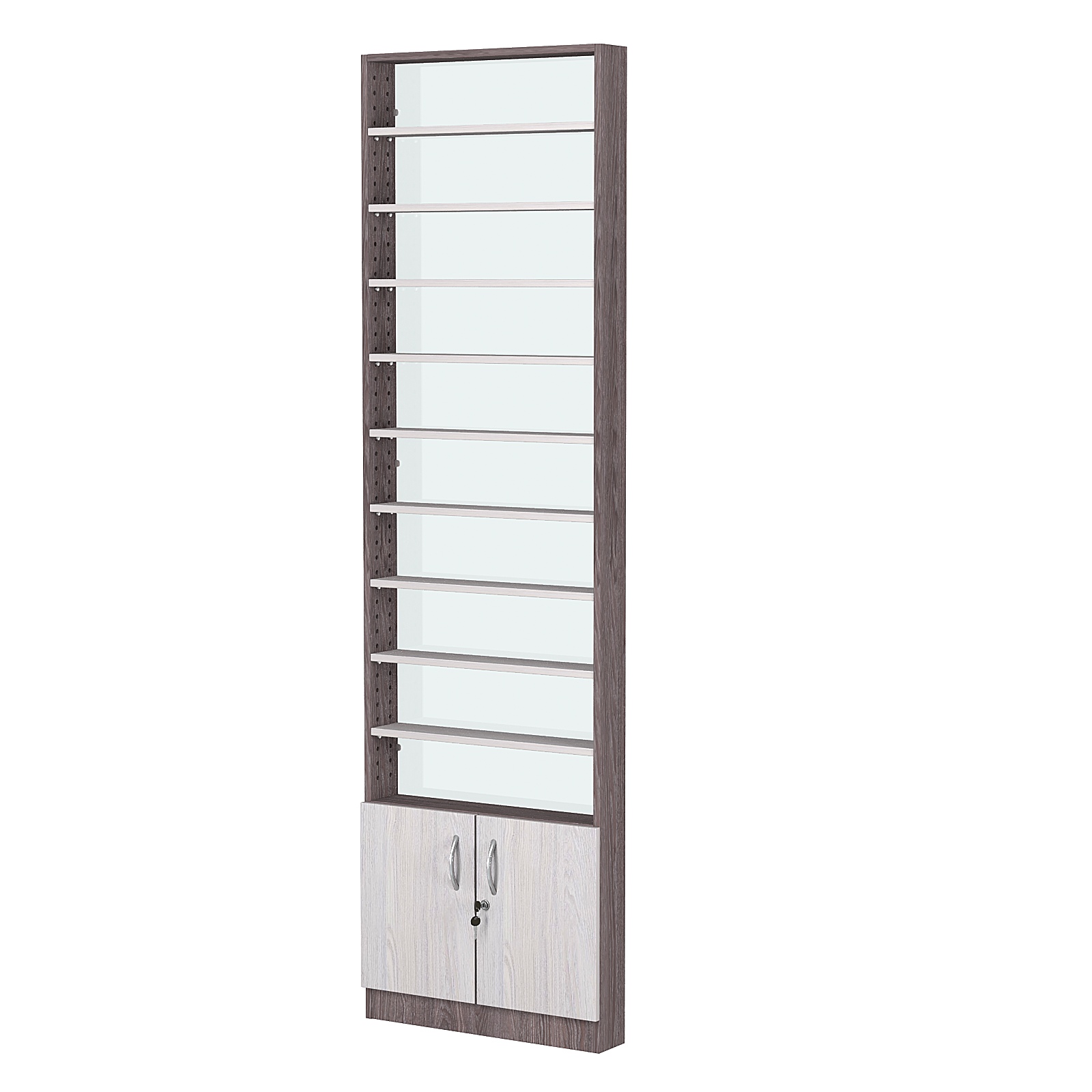 Стеллаж из ДСП с 9-ю полками 100x600 мм серии LEVEL-9 №1-1 (З/C - СТЕКЛО) Ясень Анкор темный + Ясень Анкор светлый