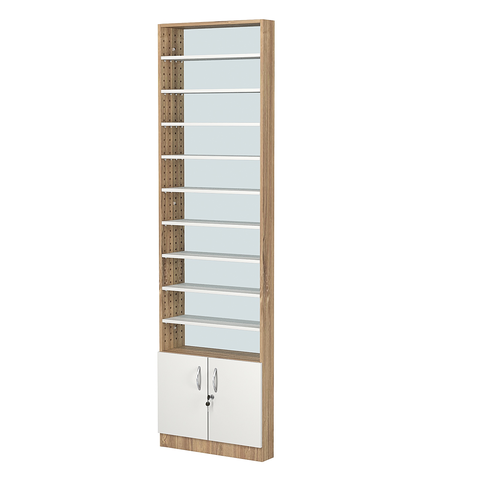 Стеллаж из ДСП с 9-ю полками 100x600 мм серии LEVEL-9 №1-2 (З/C - ЗЕРКАЛО) Дуб Канзас коричневый + Белый