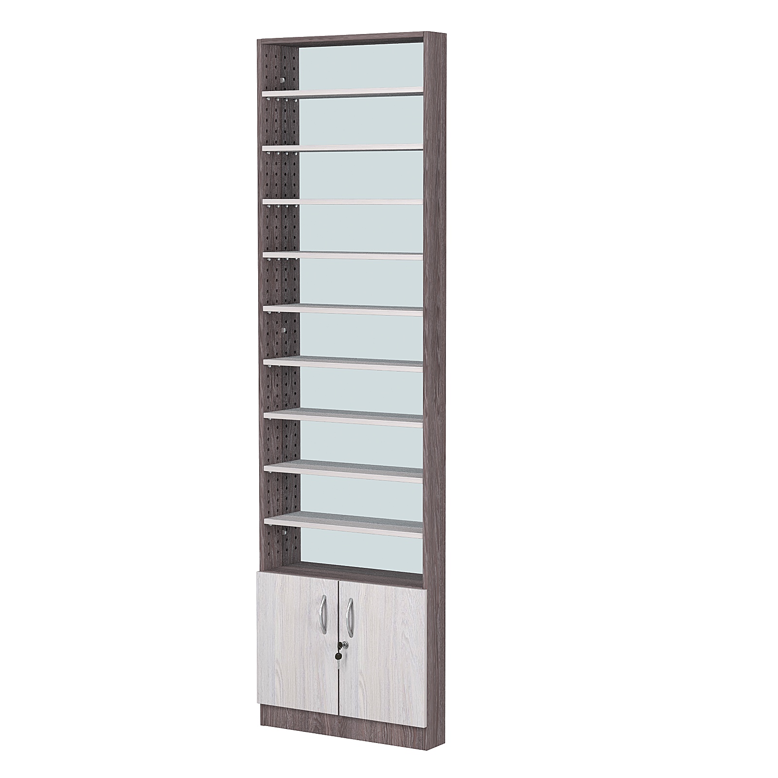 Стеллаж из ДСП с 9-ю полками 100x600 мм серии LEVEL-9 №1-2 (З/C - ЗЕРКАЛО) Ясень Анкор темный + Ясень Анкор светлый