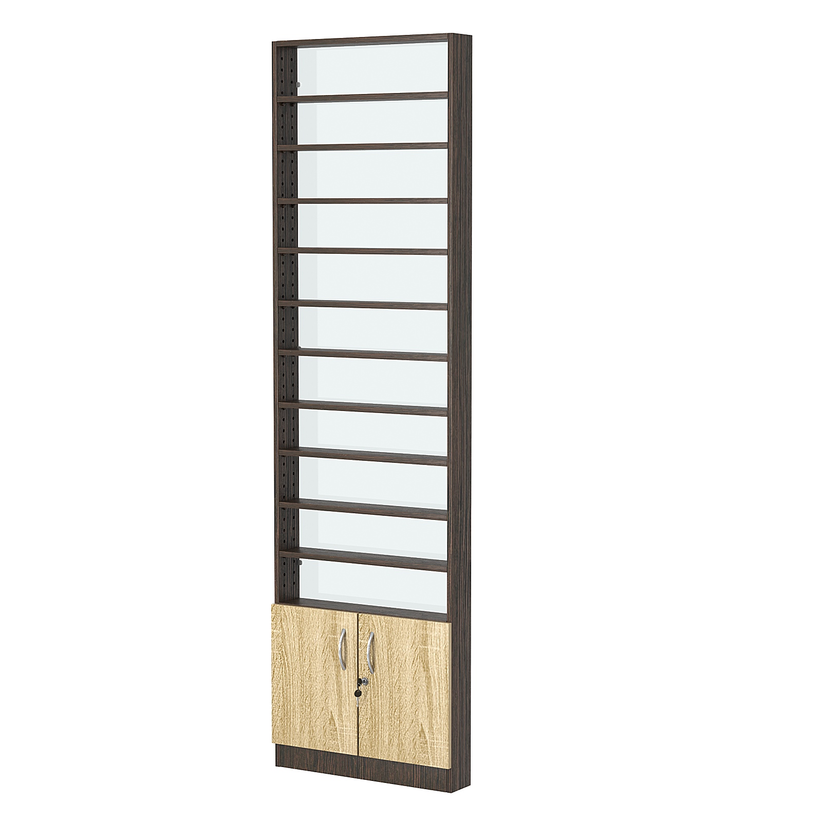 Стеллаж из ДСП с 10-ю полками 100x600 мм серии LEVEL-10 №1-1 (З/C - СТЕКЛО) Дуб Венге + Дуб Сонома
